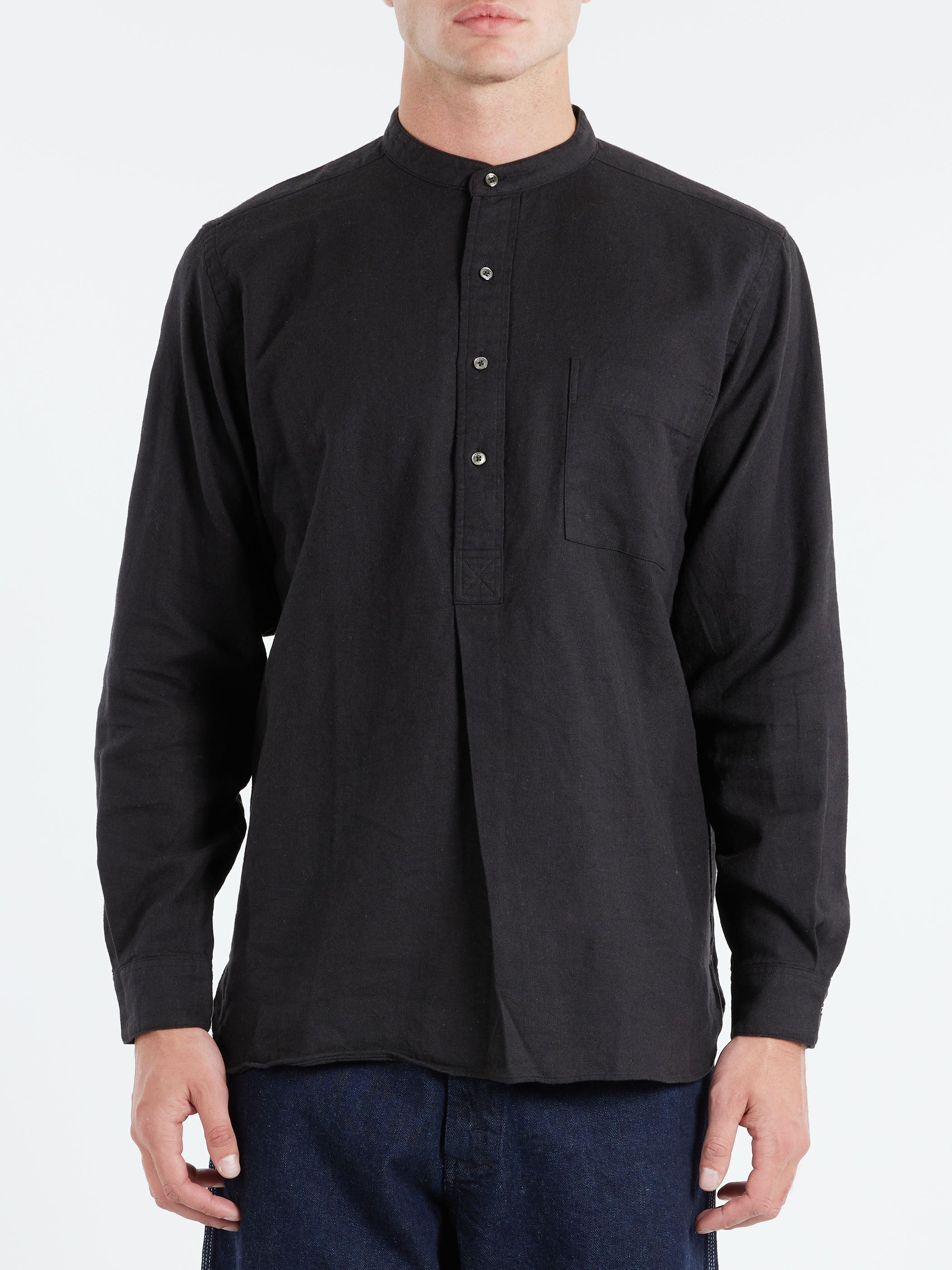 Linen Cotton Herringbone Band Collar Pullover Shirt