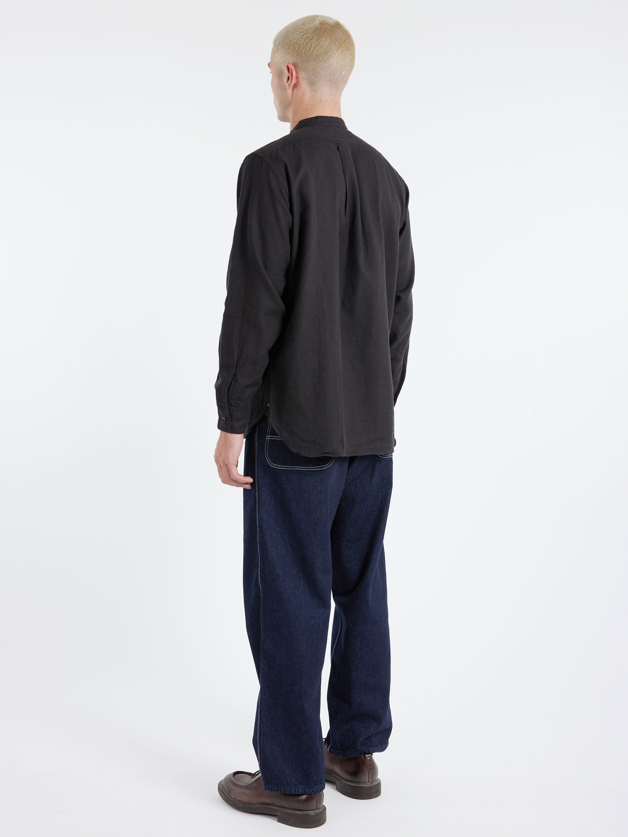 Linen Cotton Herringbone Band Collar Pullover Shirt