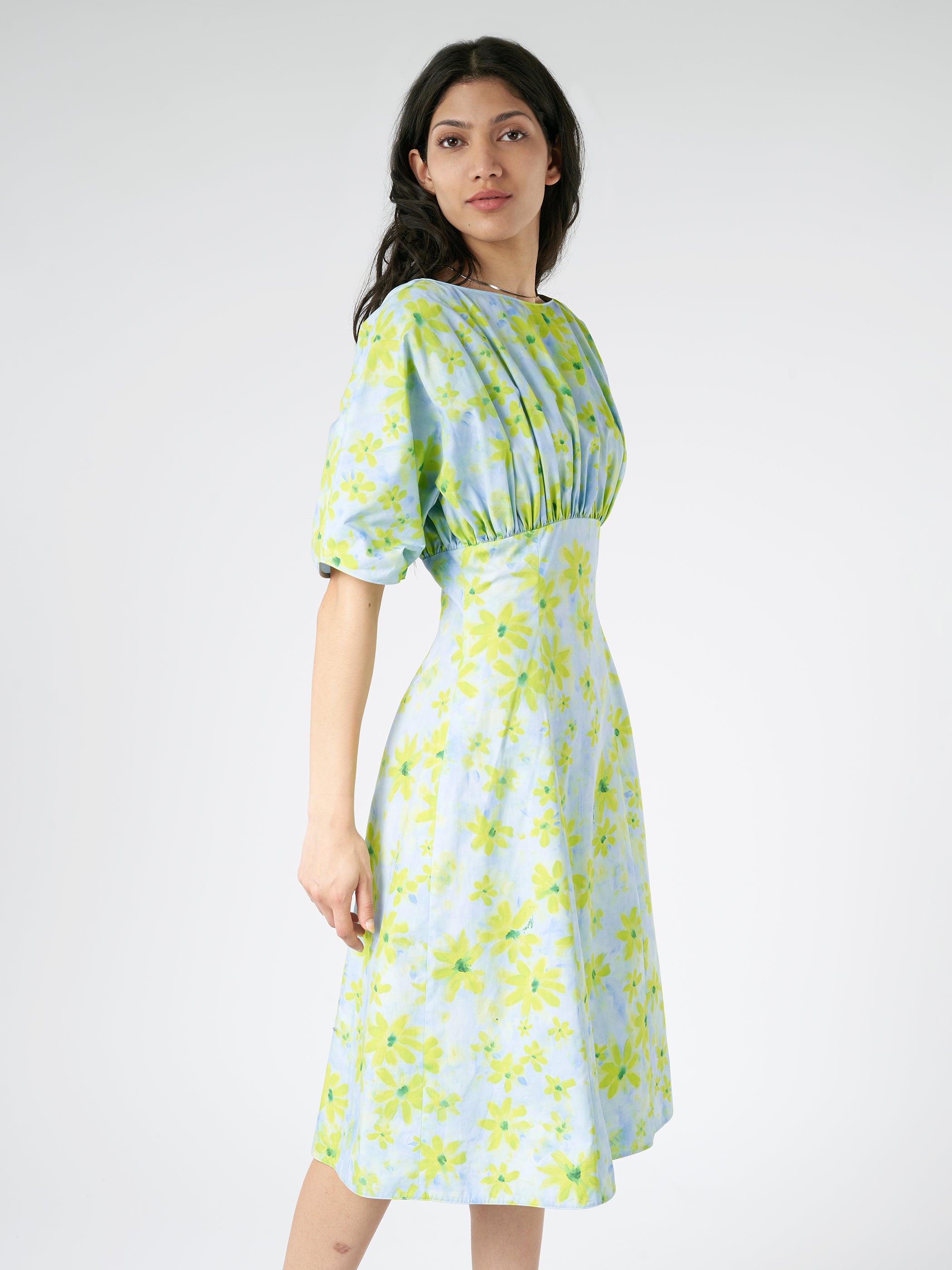 Poplin Gathered Dress with Parade Print