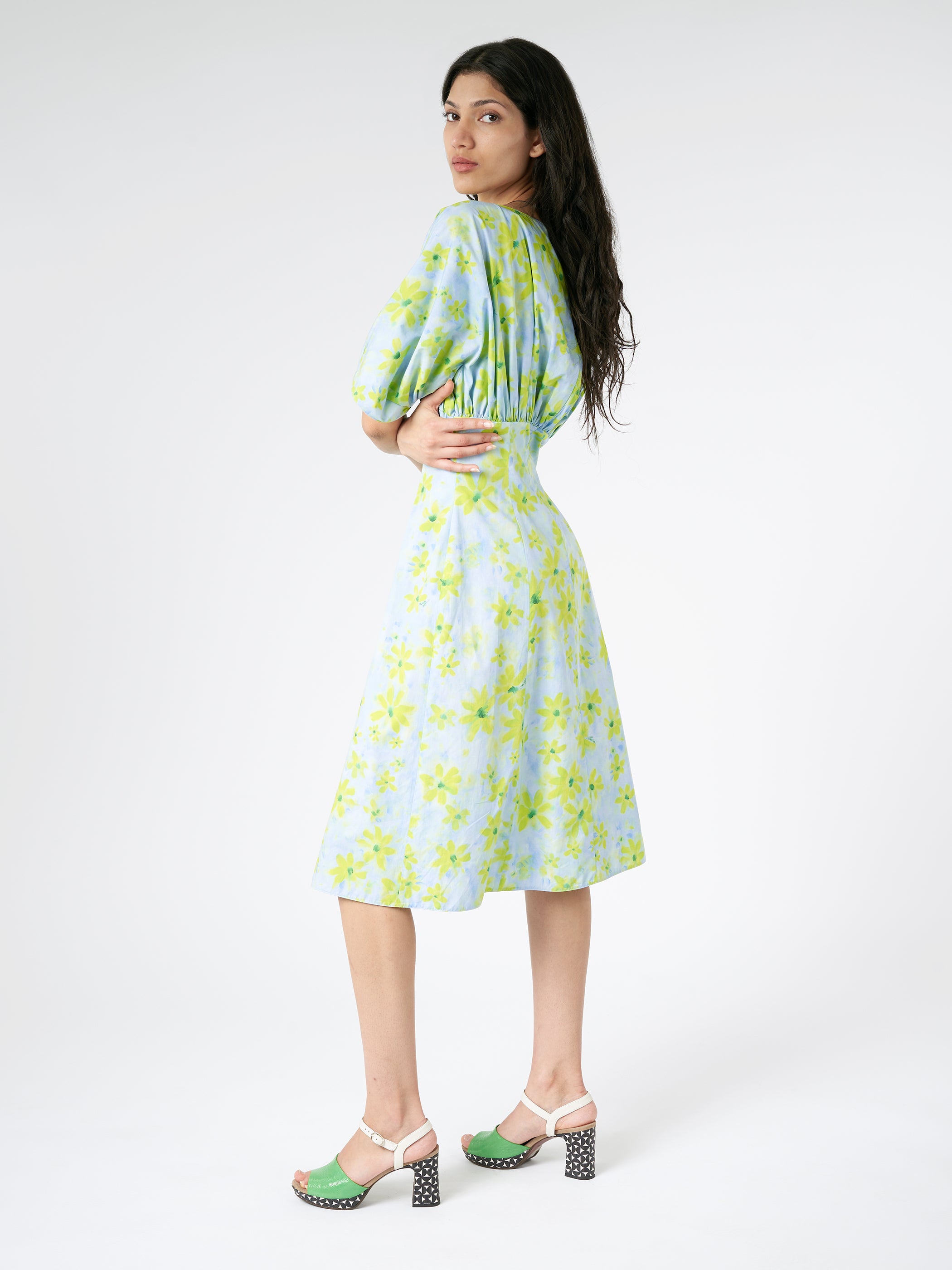 Poplin Gathered Dress with Parade Print