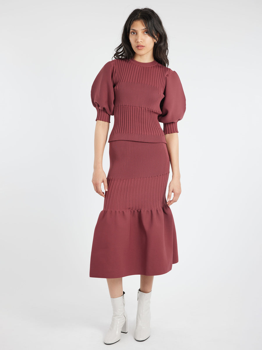 CFCL - Fluted Short Puff Sleeve Cropped Top in Blush Red CFCL - Fluted Short Puff Sleeve Cropped Top in Blush Red