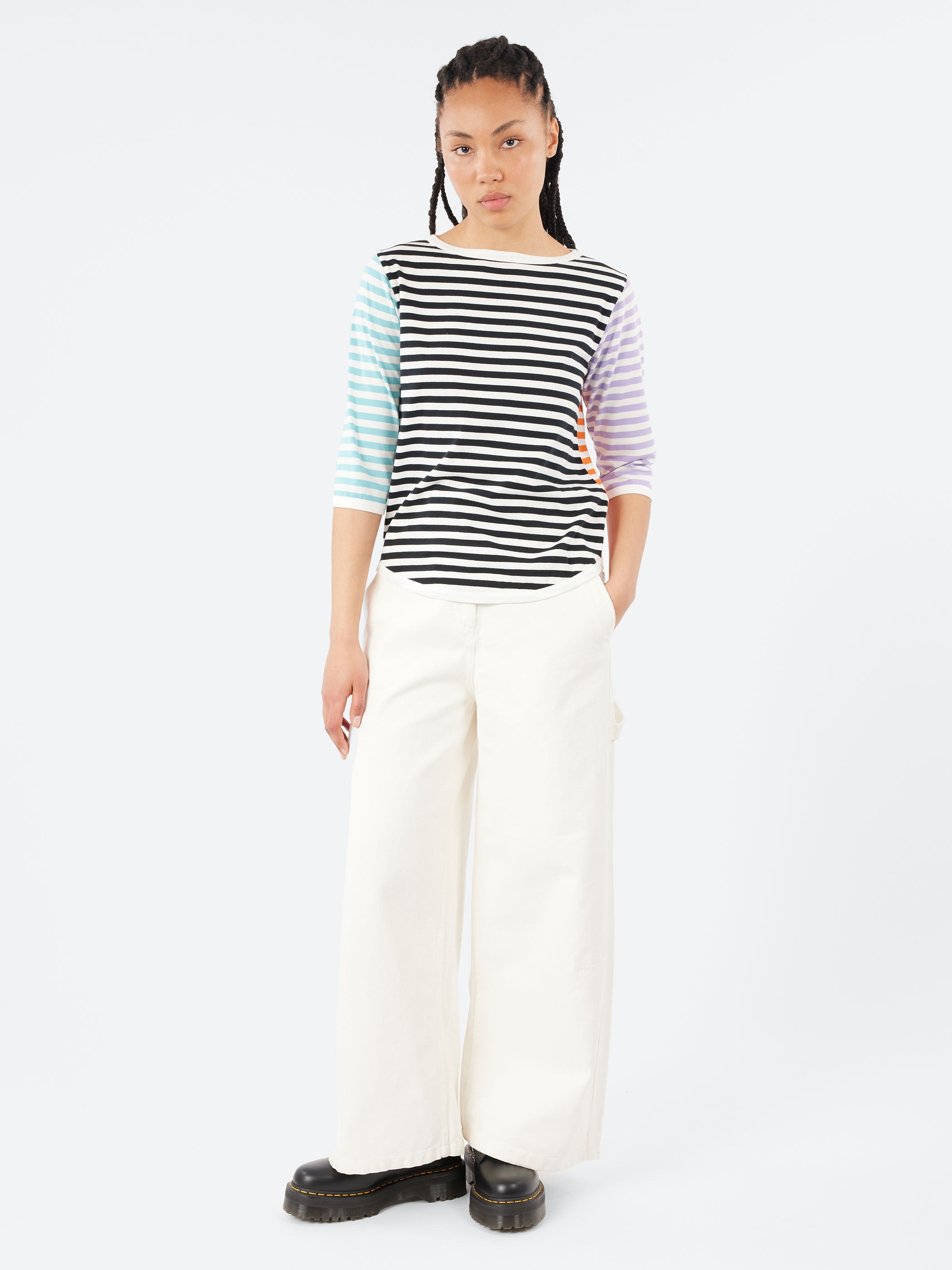 3/4 Sleeve Border Boat Neck