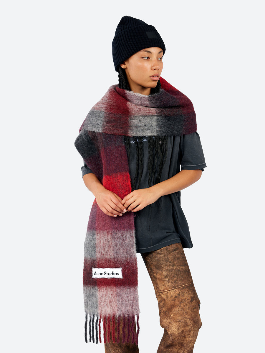 Acne Studios Mohair Checked Scarf in Red and Black gravitypope