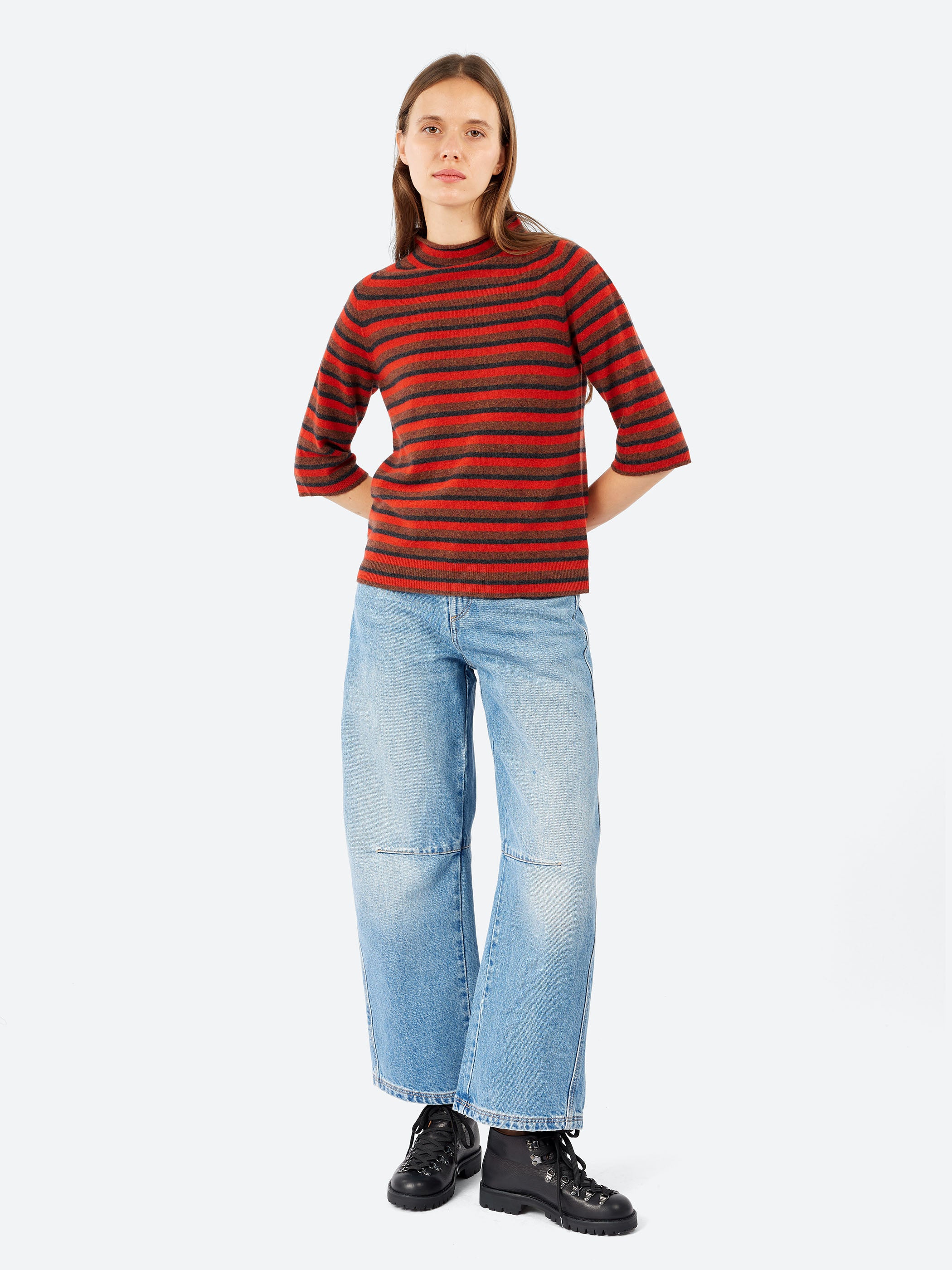 Stripe Wool Cashmere Half Sleeve Sweater