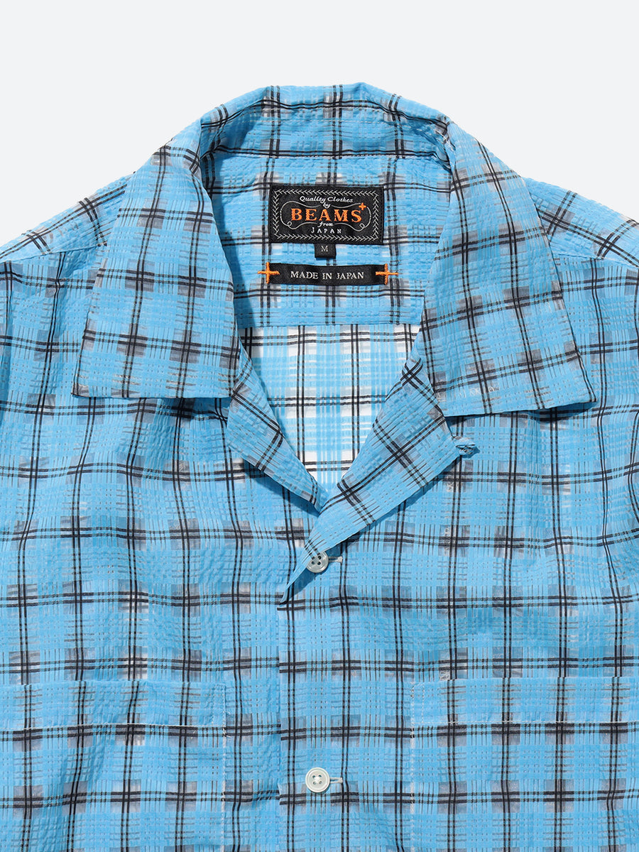トップス BEAMS GRADATION CLOCHET KNIT SHIRT BEAMS PLUS - Open Collar Nylon Airy Plaid Shirt in Sax Blue