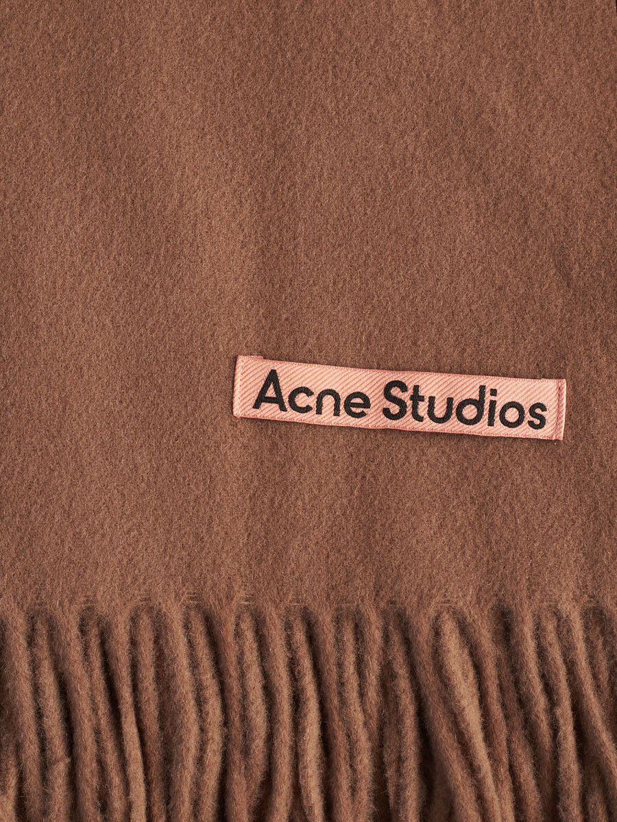 Acne Studios Narrow Wool Fringe Scarf in Caramel Brown – gravitypope