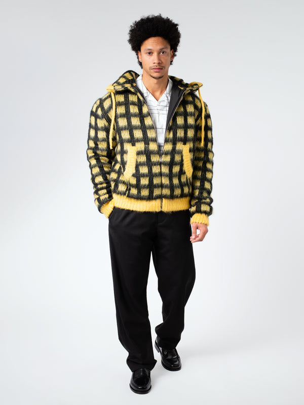 CHECKED MOHAIR HOODED CARDIGAN