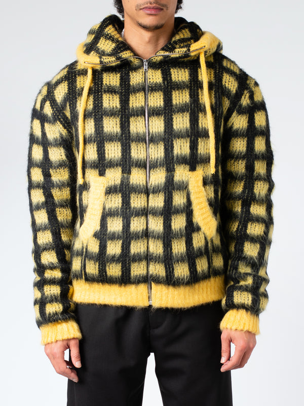 CHECKED MOHAIR HOODED CARDIGAN