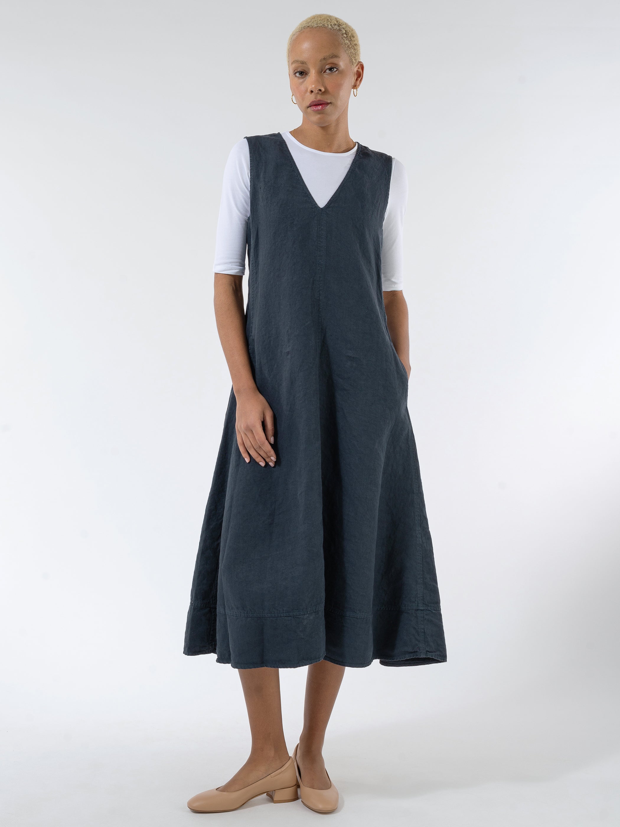 Linen V-Neck Midi Dress