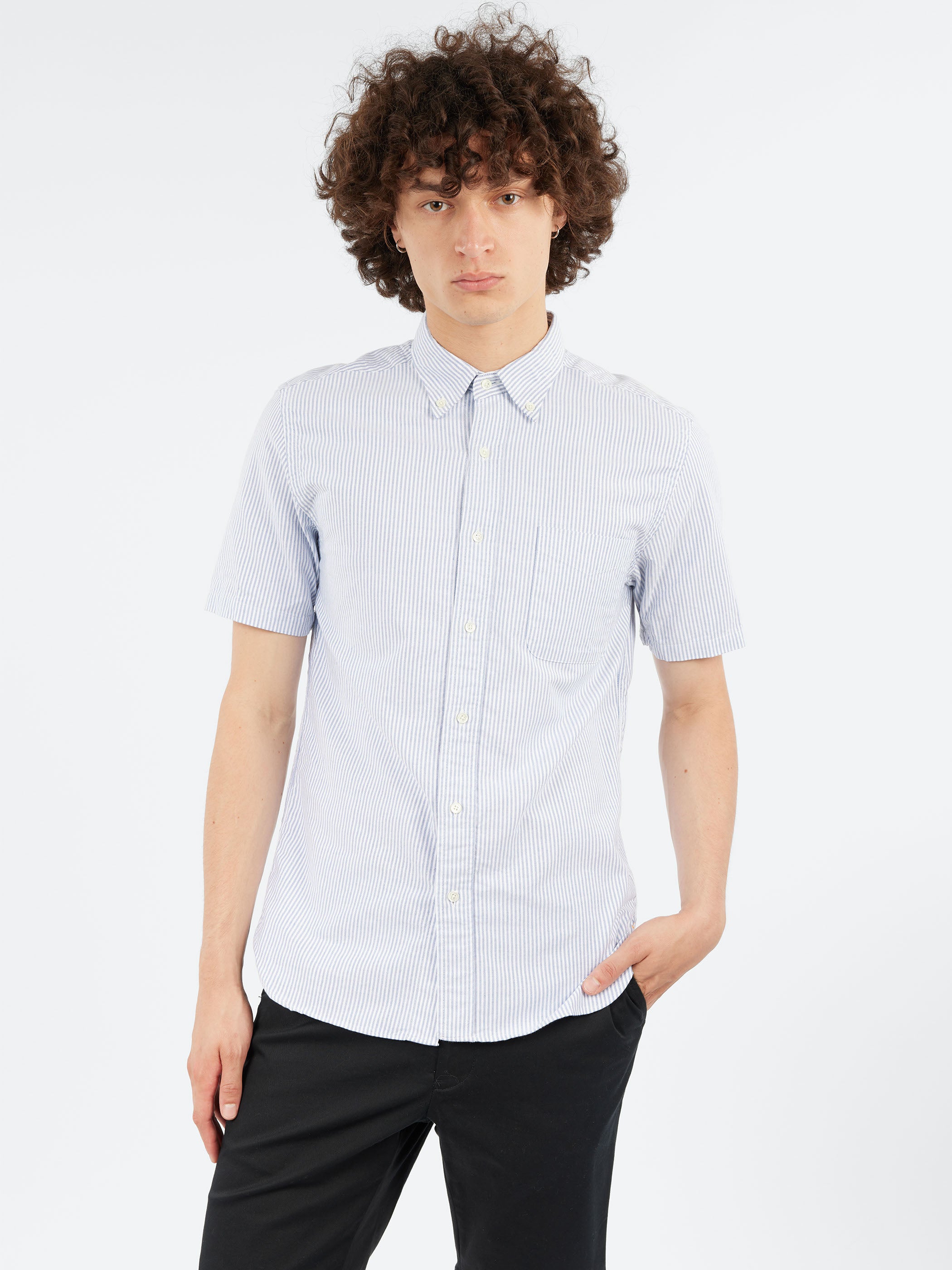 BEAMS PLUS - B.D. Short Sleeve Candy Stripe Shirt in Blue