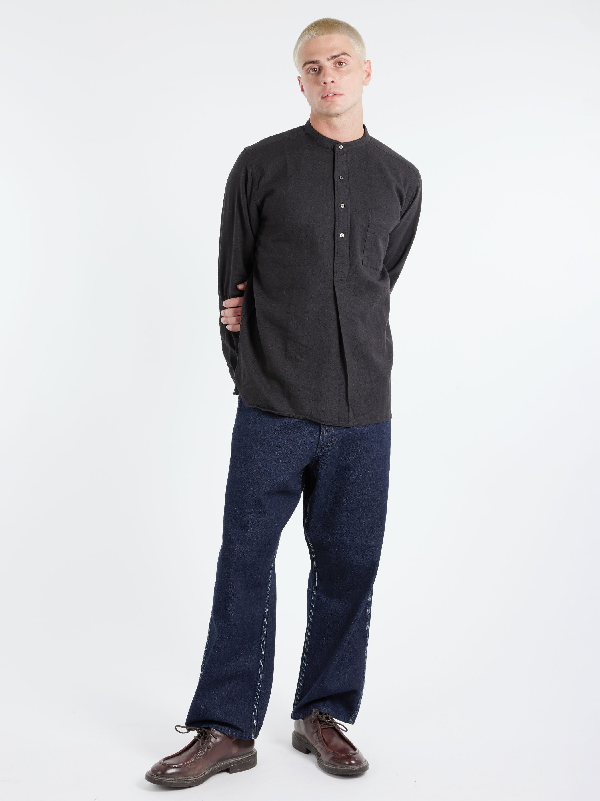 Linen Cotton Herringbone Band Collar Pullover Shirt