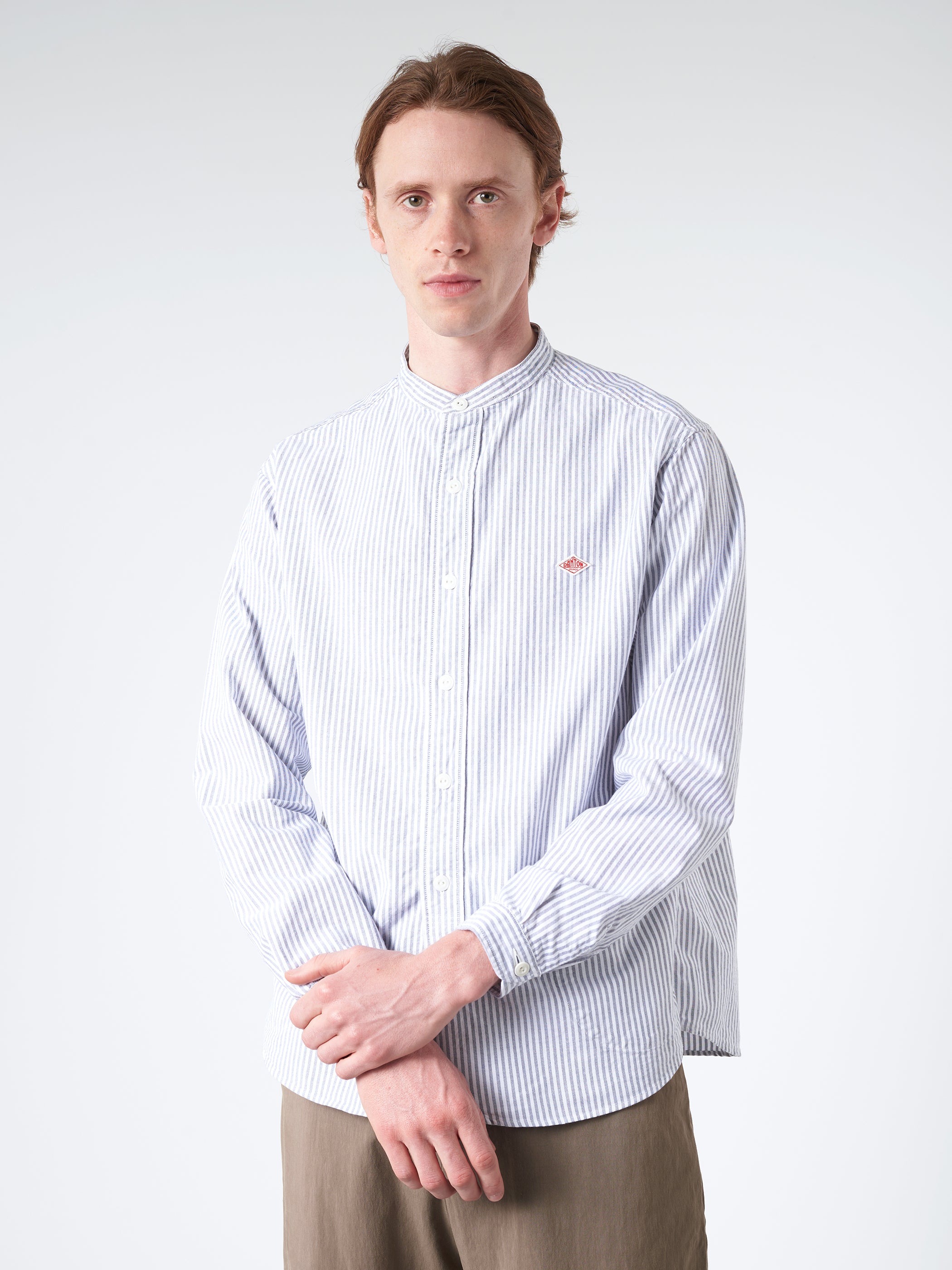 Men's Striped Oxford Band Collar L/S Shirt