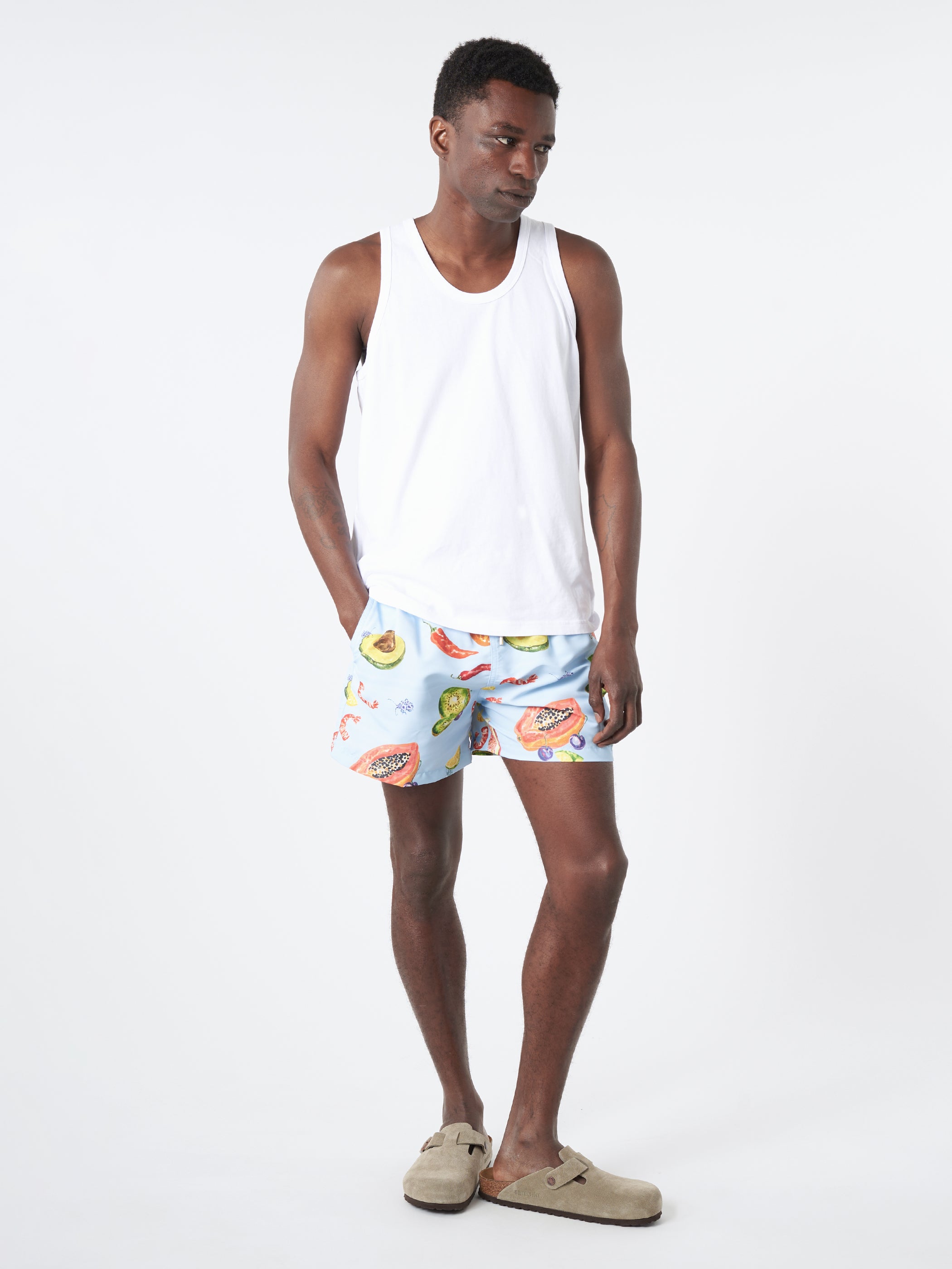 Tropical Fruit Print Long Swim Shorts