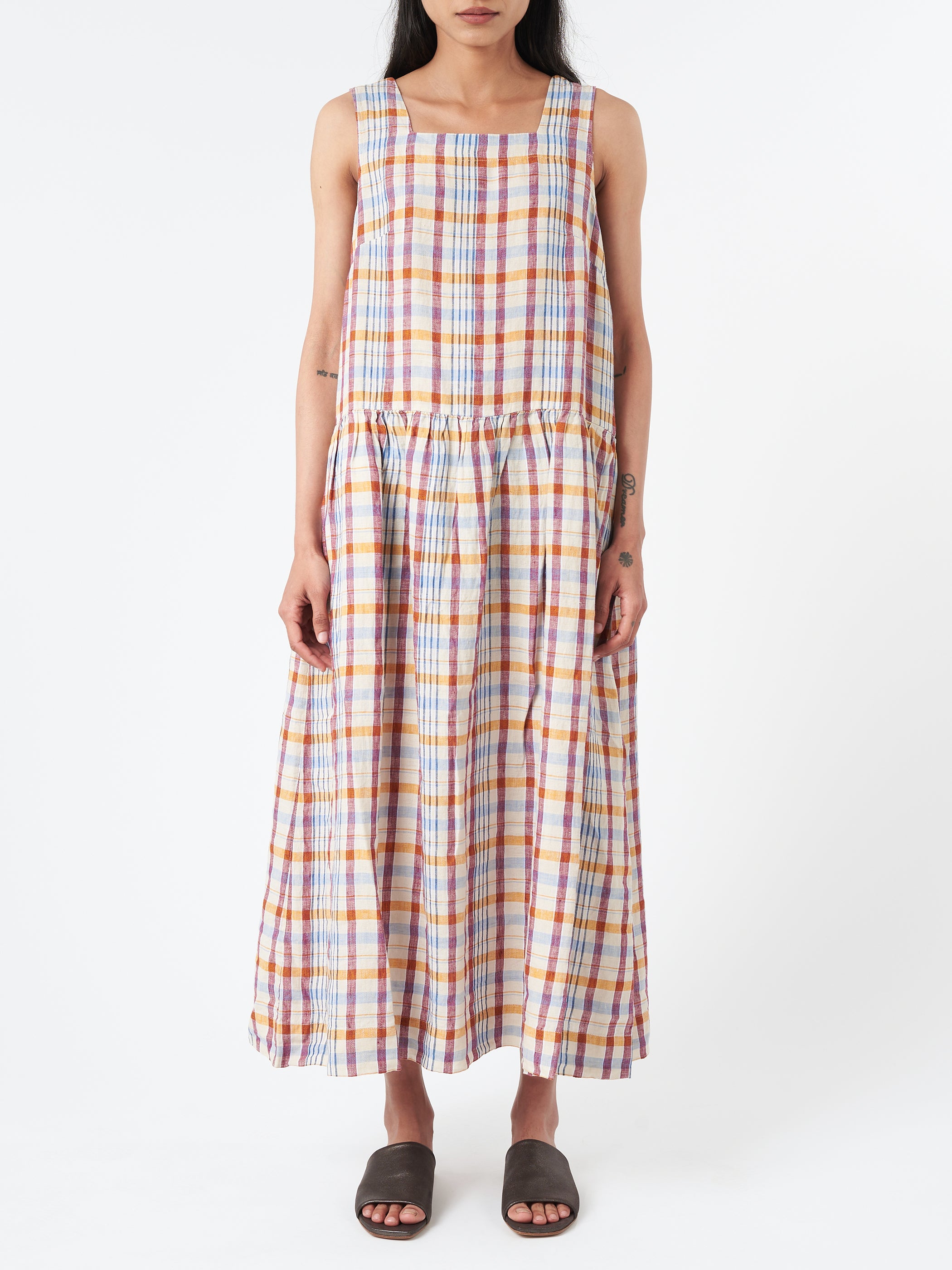 Check Linen Dropped Waist Dress