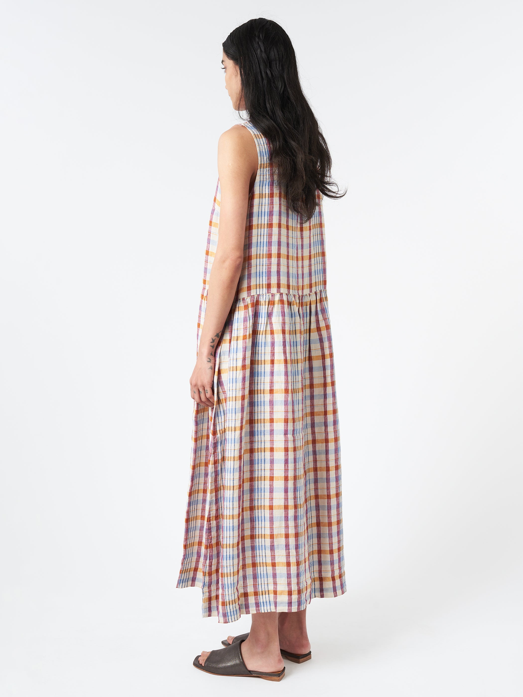 Check Linen Dropped Waist Dress