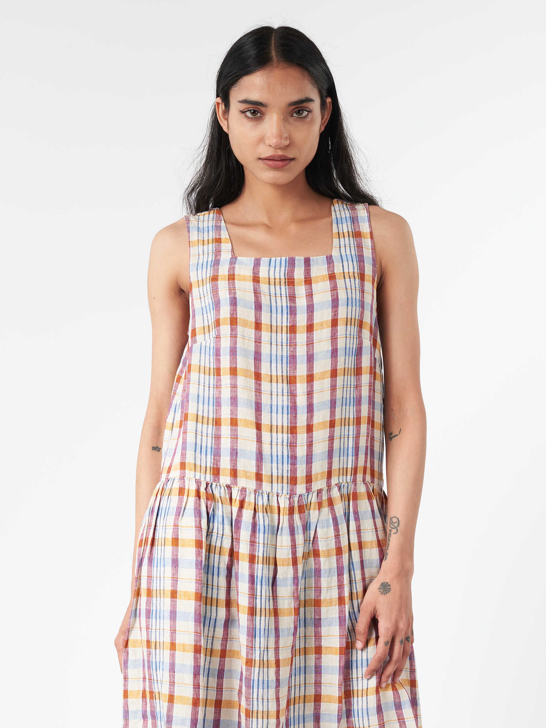 Check Linen Dropped Waist Dress