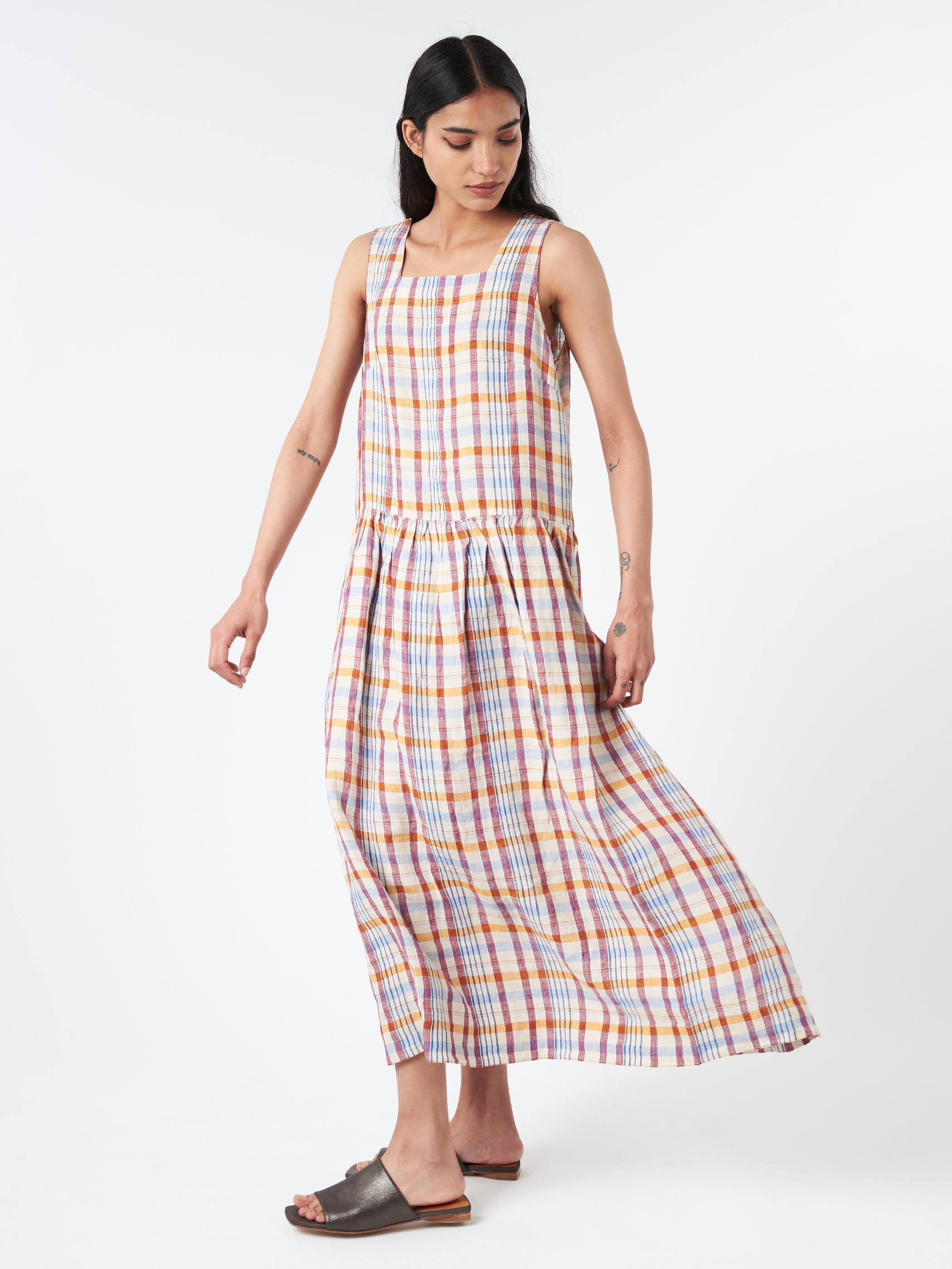 Check Linen Dropped Waist Dress