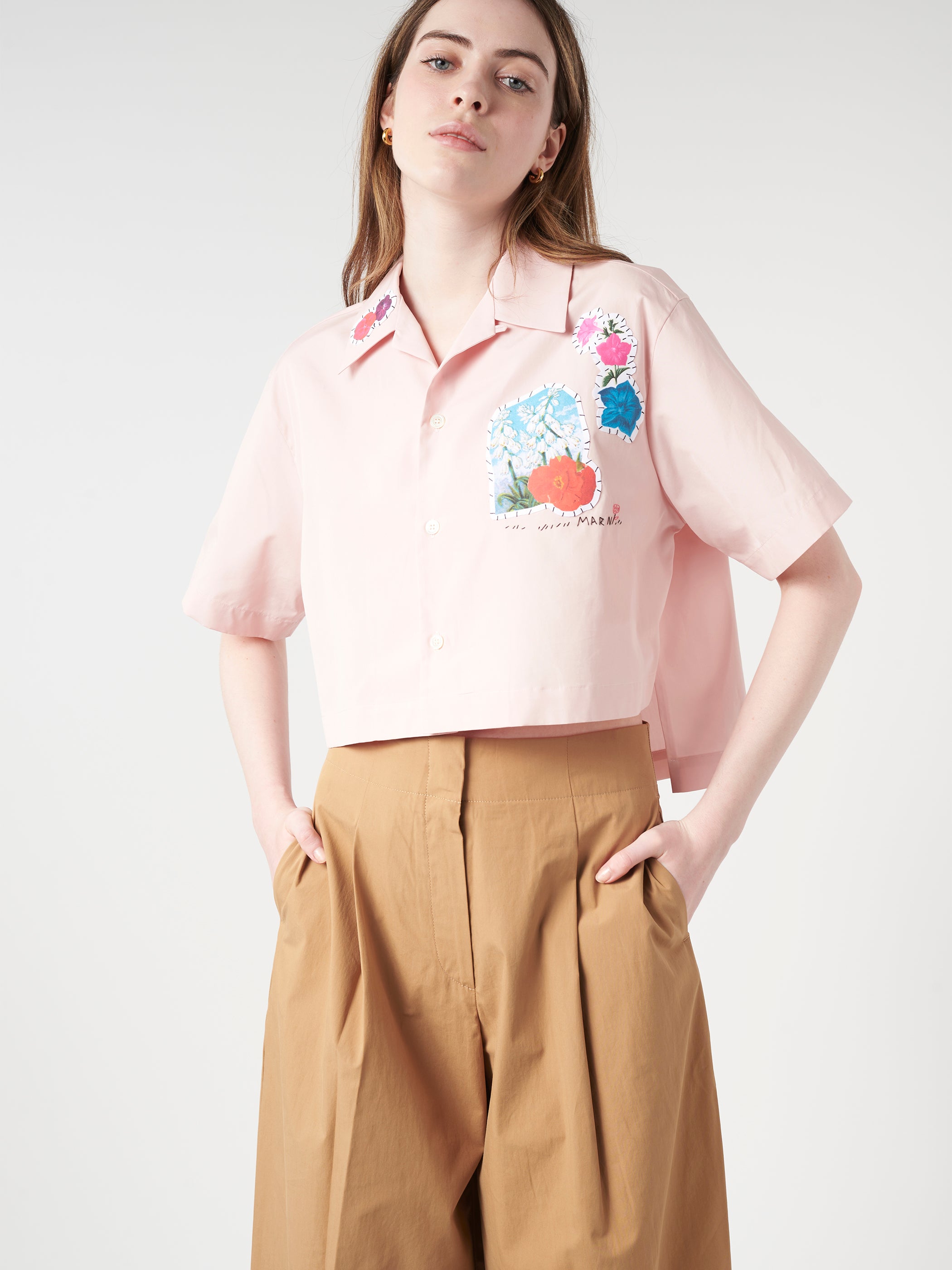 Cropped Shirt with Flower Patches