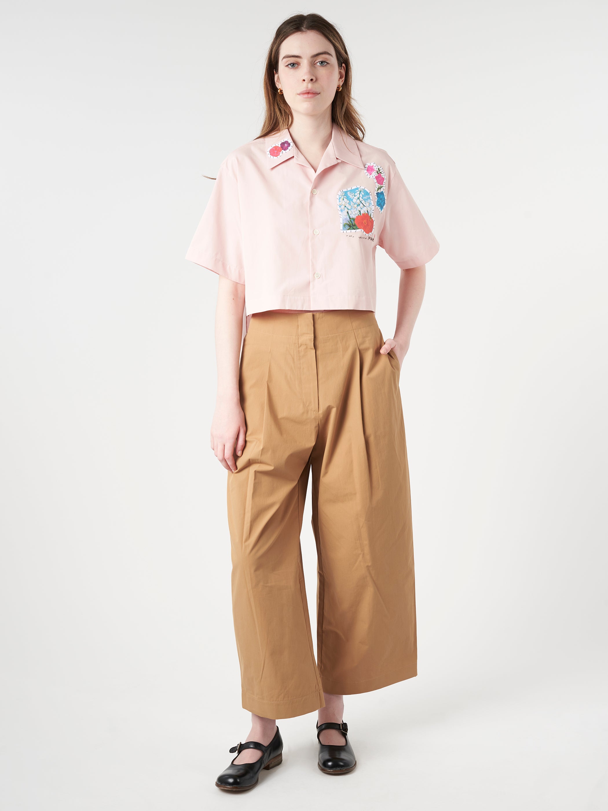 Cropped Shirt with Flower Patches