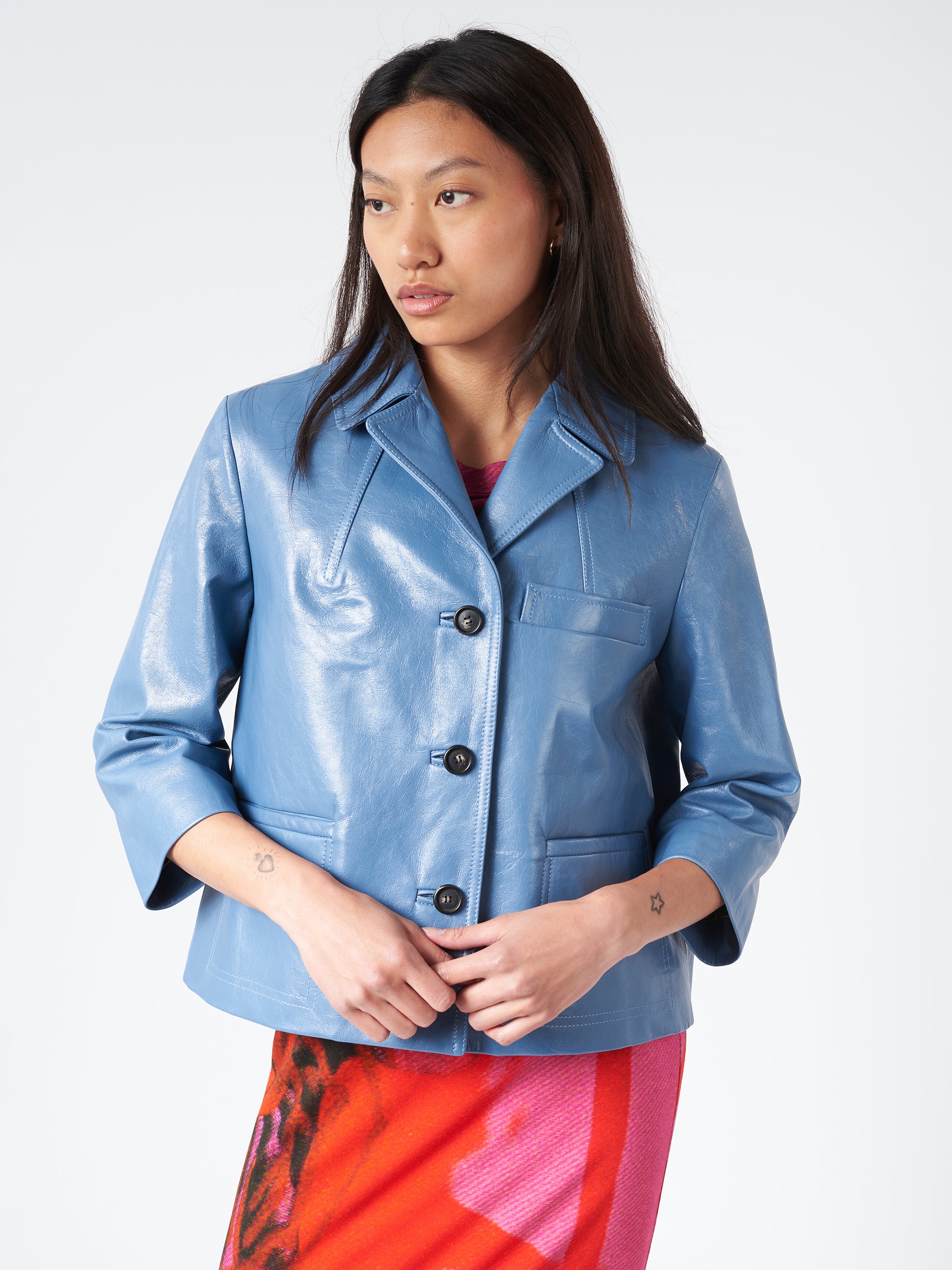 Blue Shiny Leather Jacket
