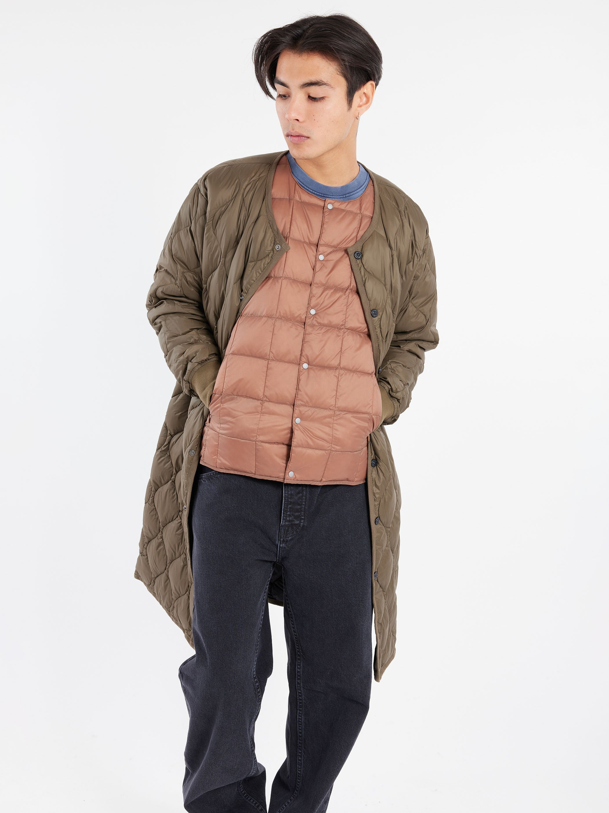 Military Crew Neck Long Down Jacket