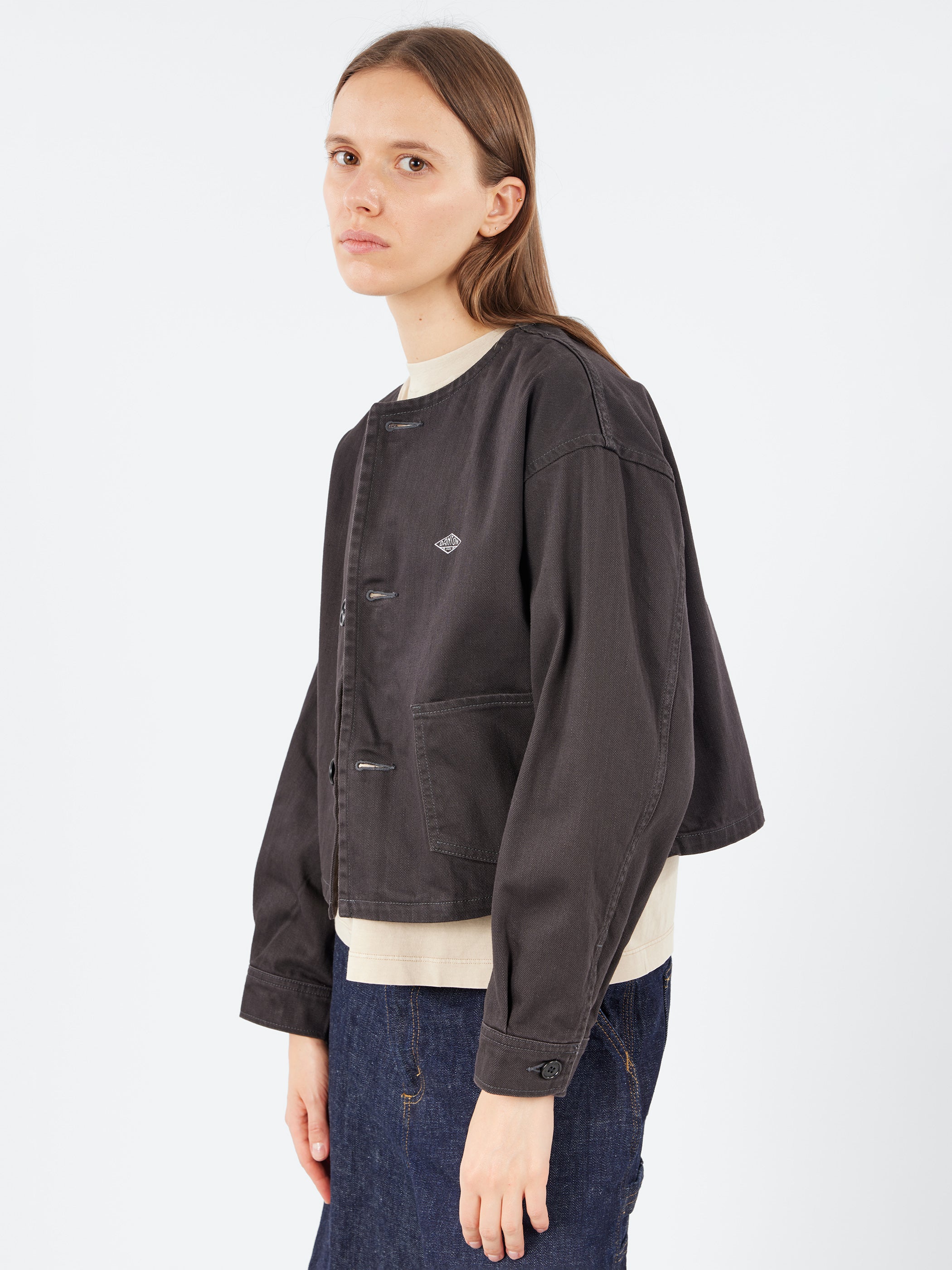 Danton - Cotton Drill Collarless Short Jacket in Charcoal