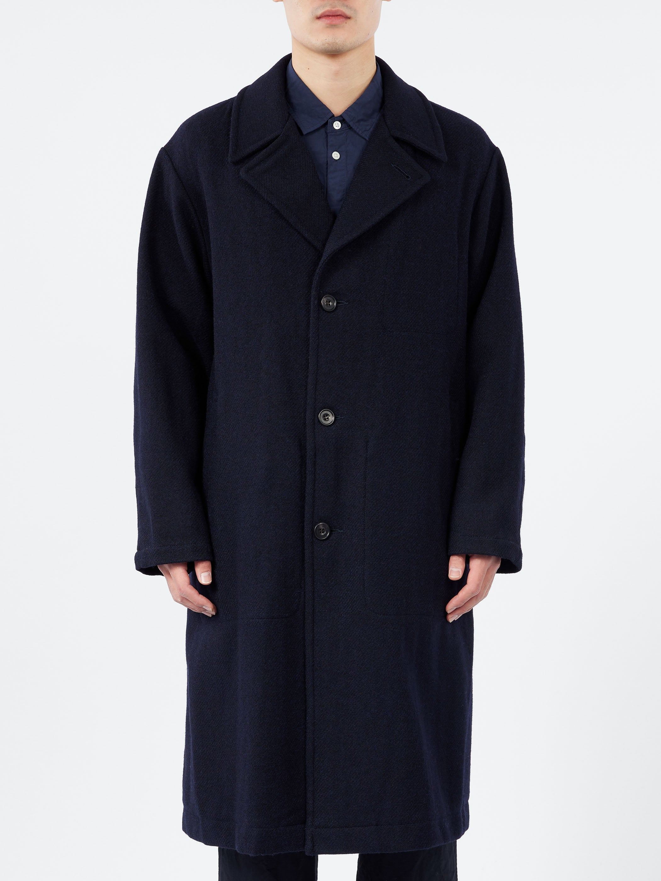 Sage de Cret - Harris Tweed Ulster Collar Long Coat in Navy