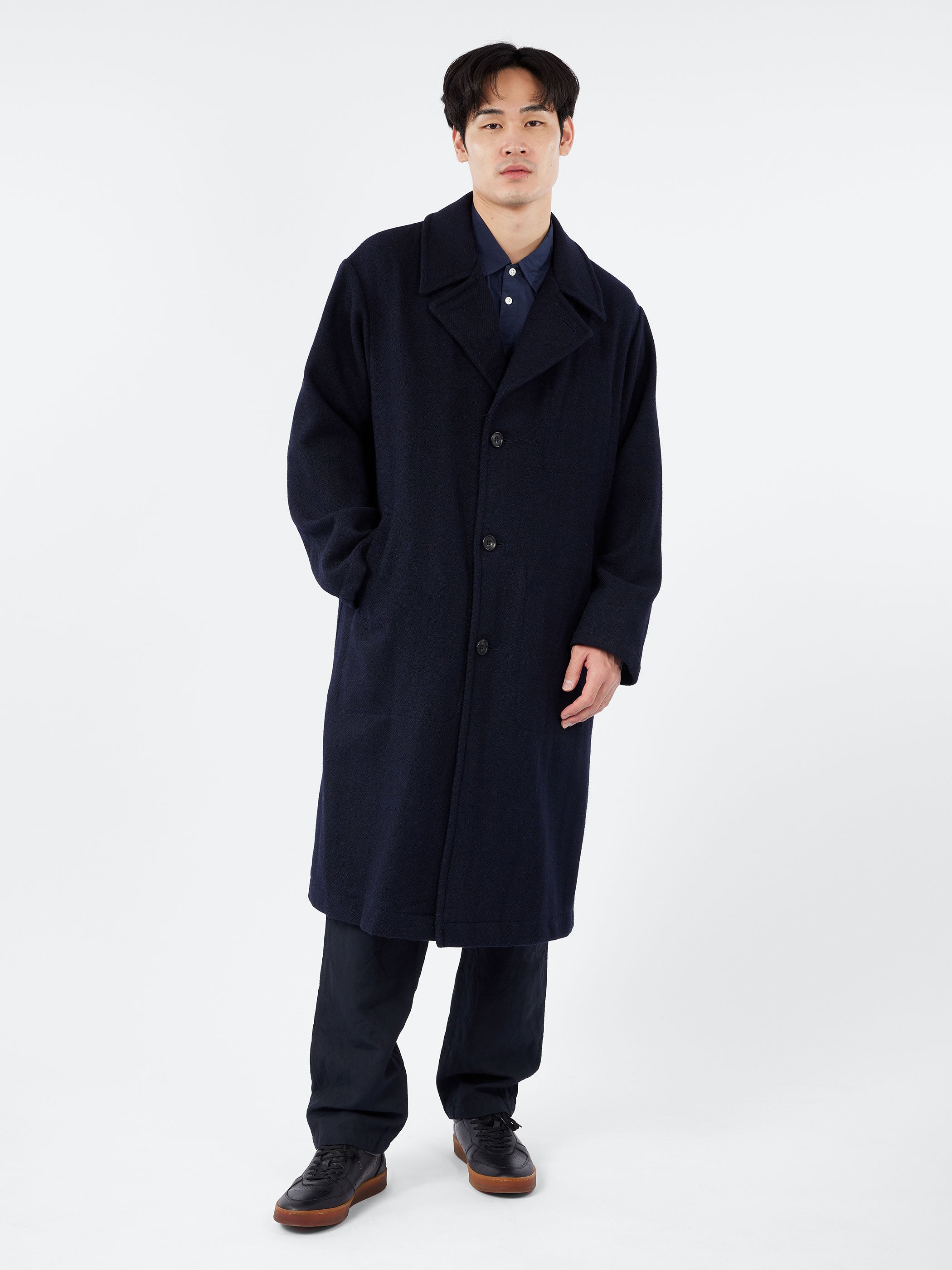 Sage de Cret - Harris Tweed Ulster Collar Long Coat in Navy