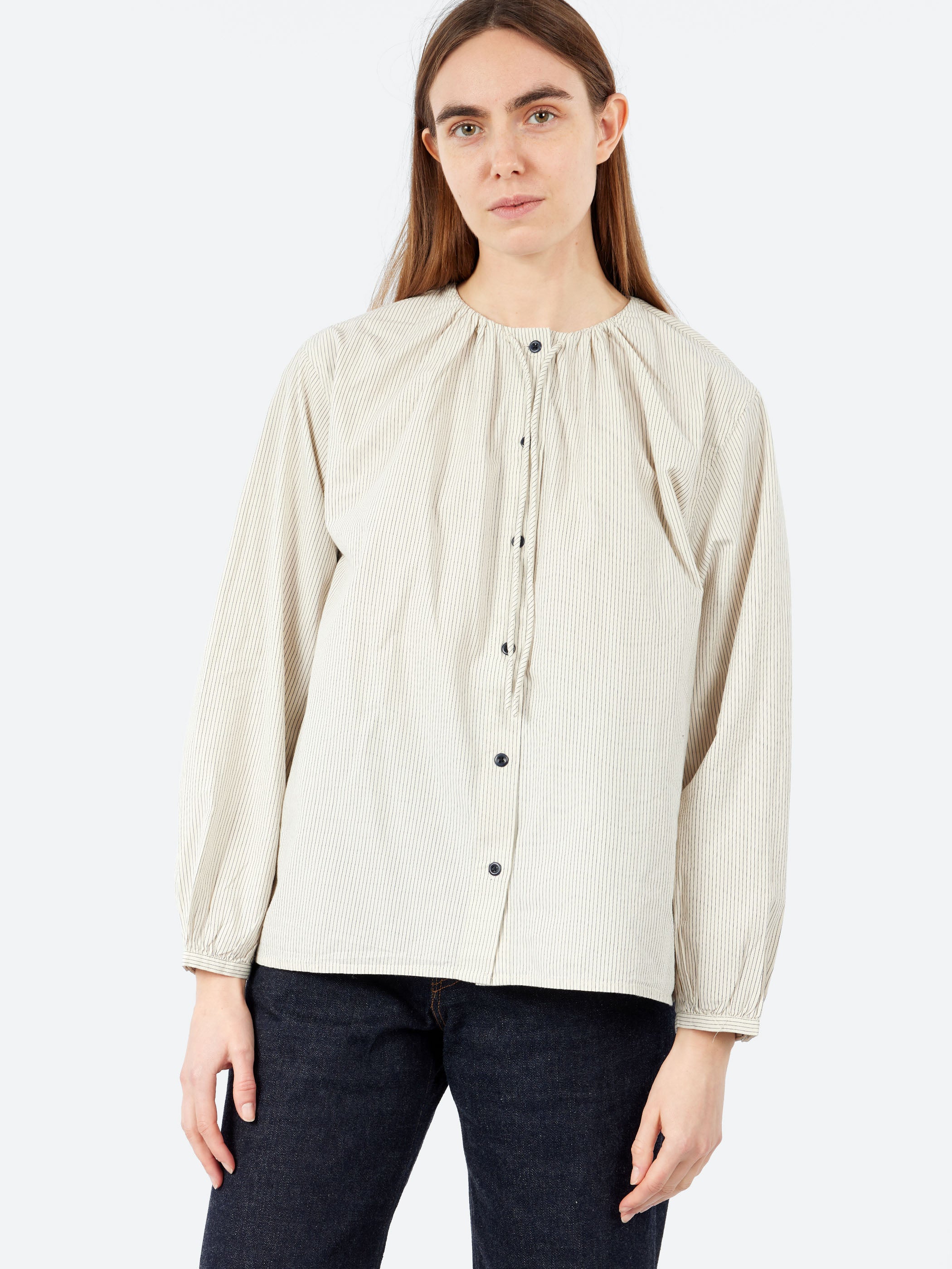 Gathered Neck Mini Stripe Shirt