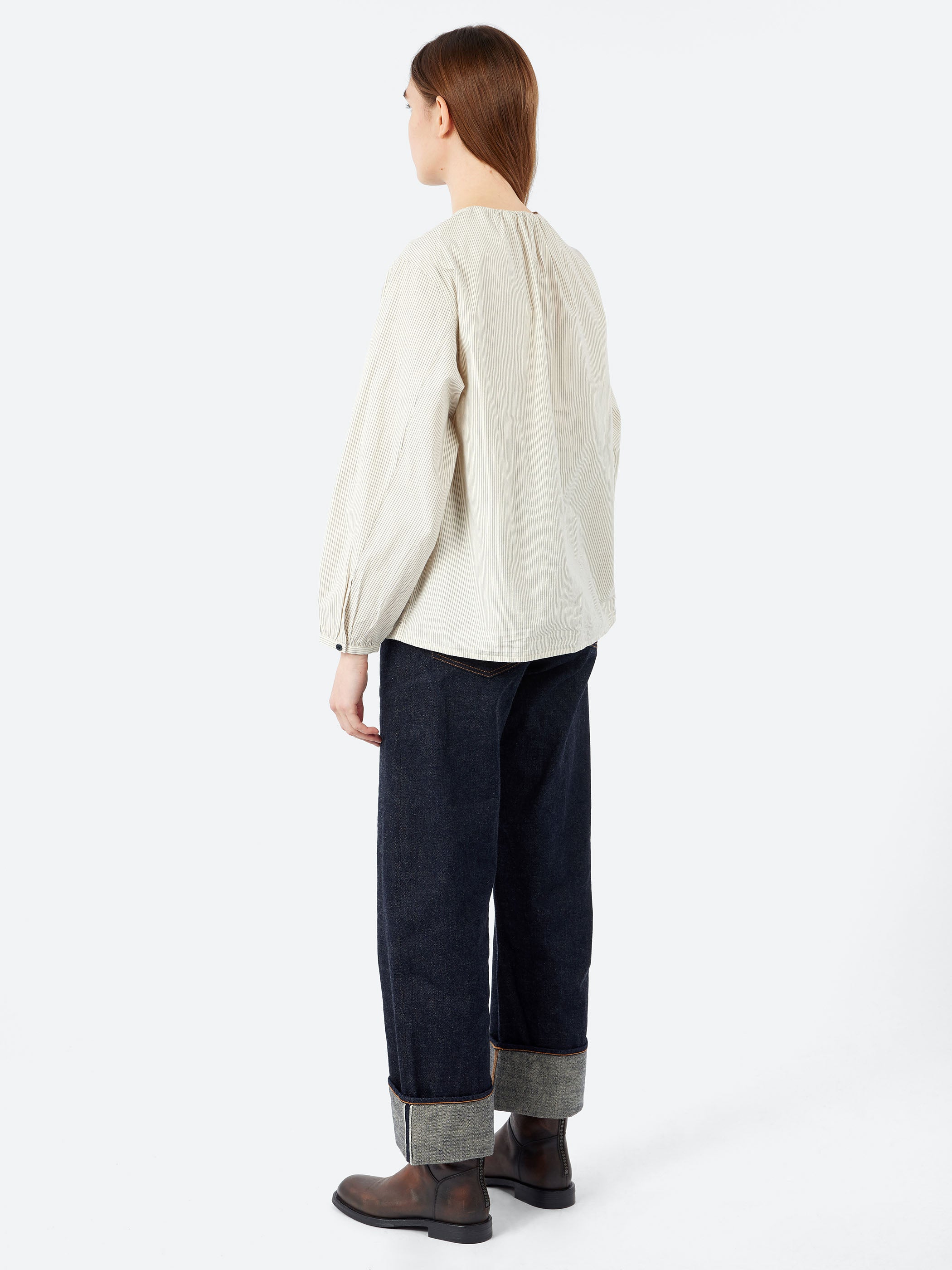 Gathered Neck Mini Stripe Shirt
