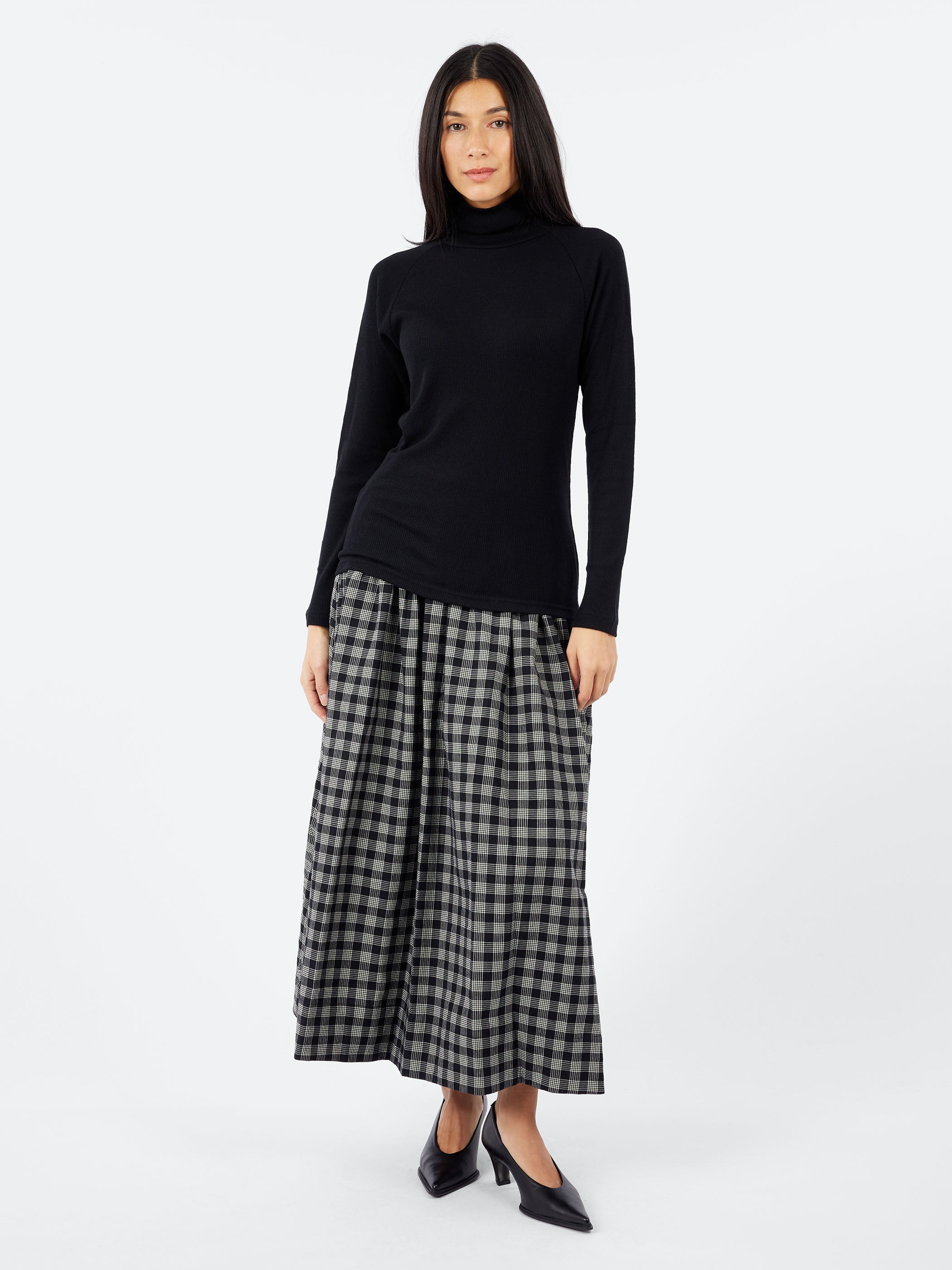 TOAST - Binding Check Cotton Wool Seersucker Skirt in Black Ecru