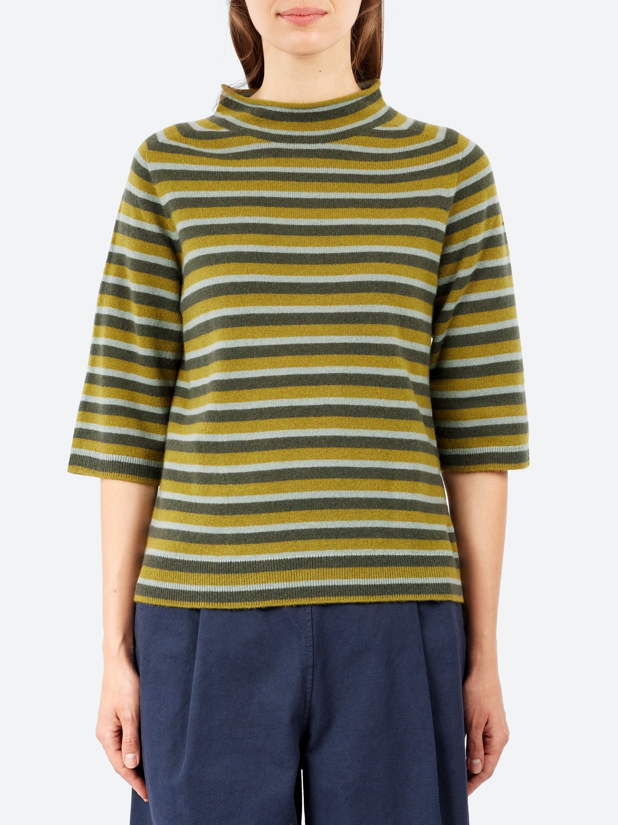 Stripe Wool Cashmere Half Sleeve Sweater