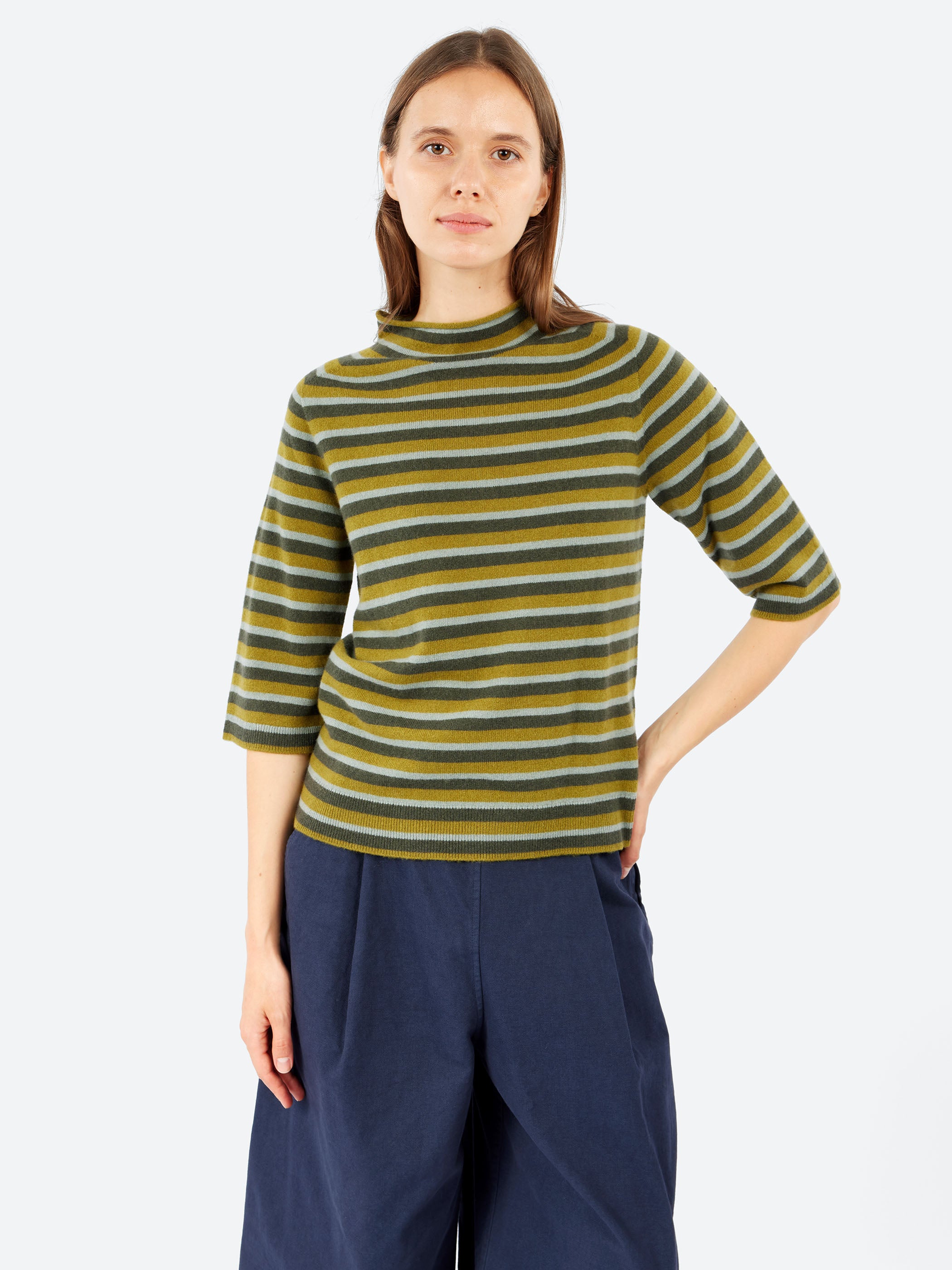 Stripe Wool Cashmere Half Sleeve Sweater