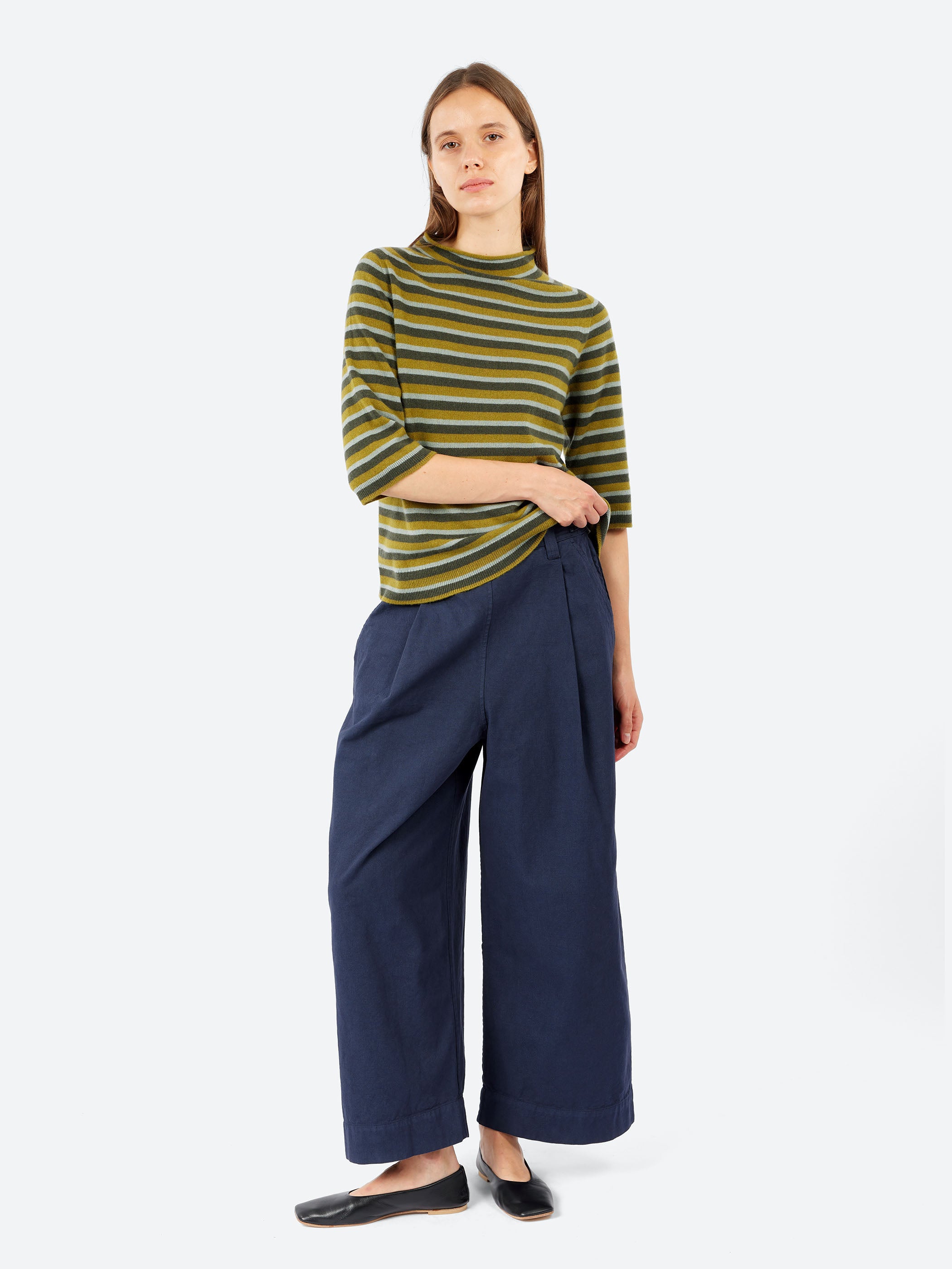 Stripe Wool Cashmere Half Sleeve Sweater
