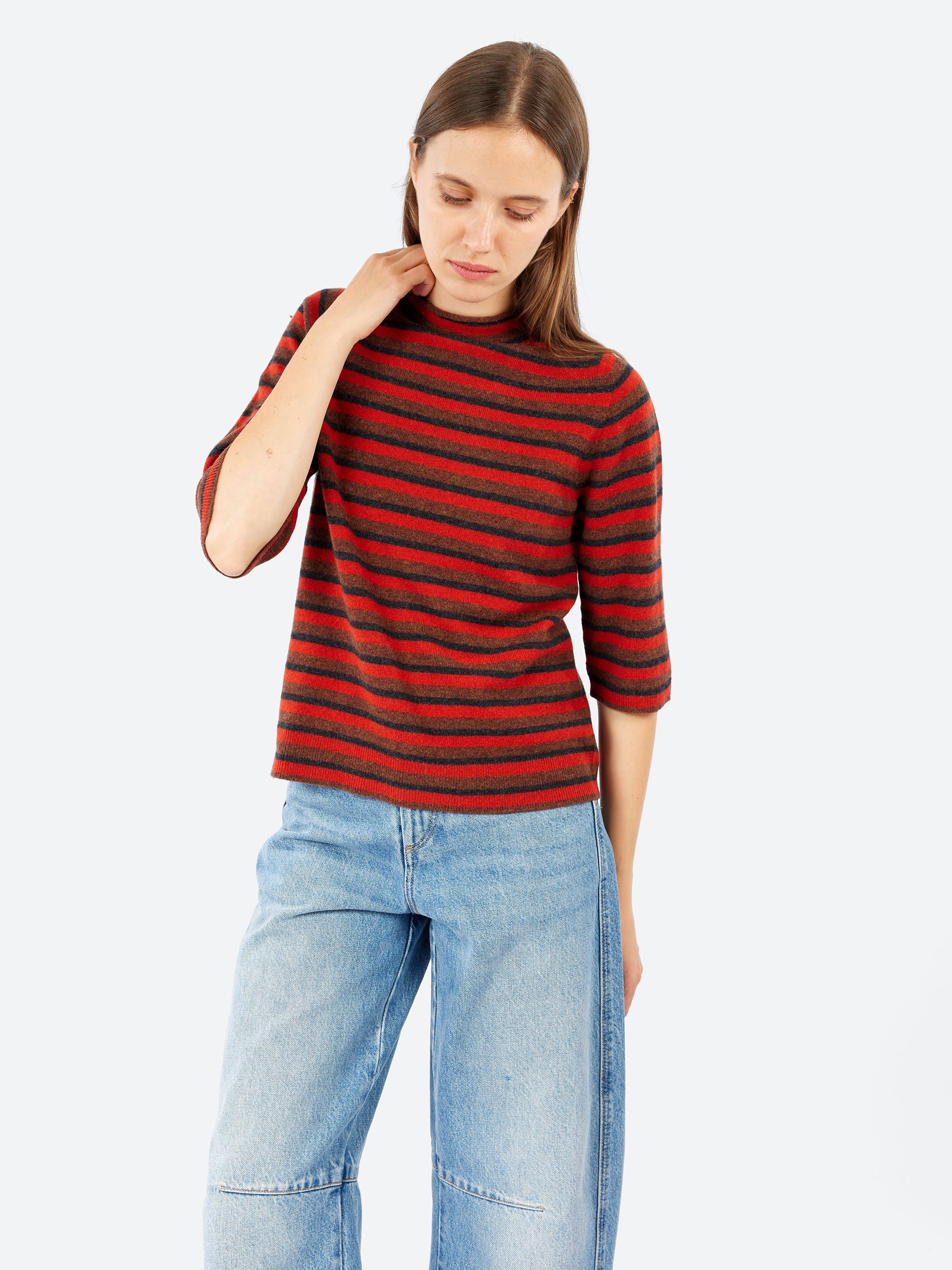 Stripe Wool Cashmere Half Sleeve Sweater