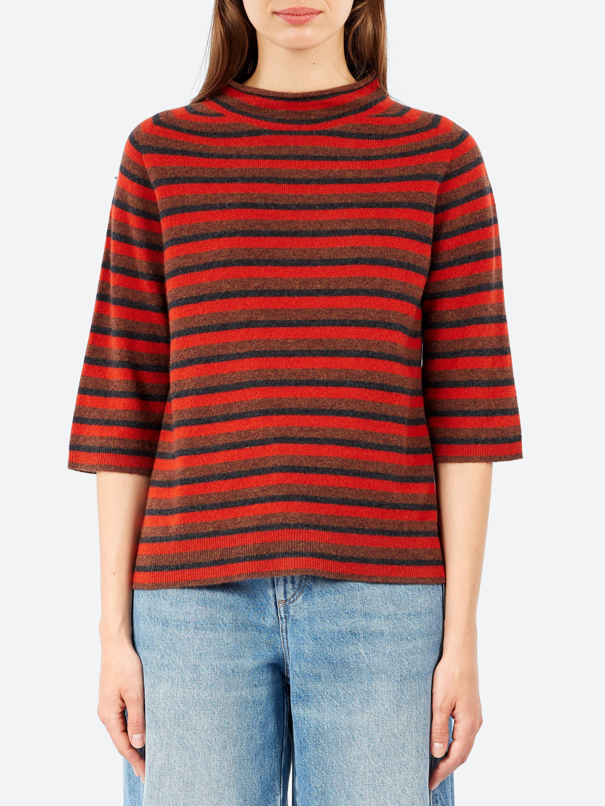 Stripe Wool Cashmere Half Sleeve Sweater