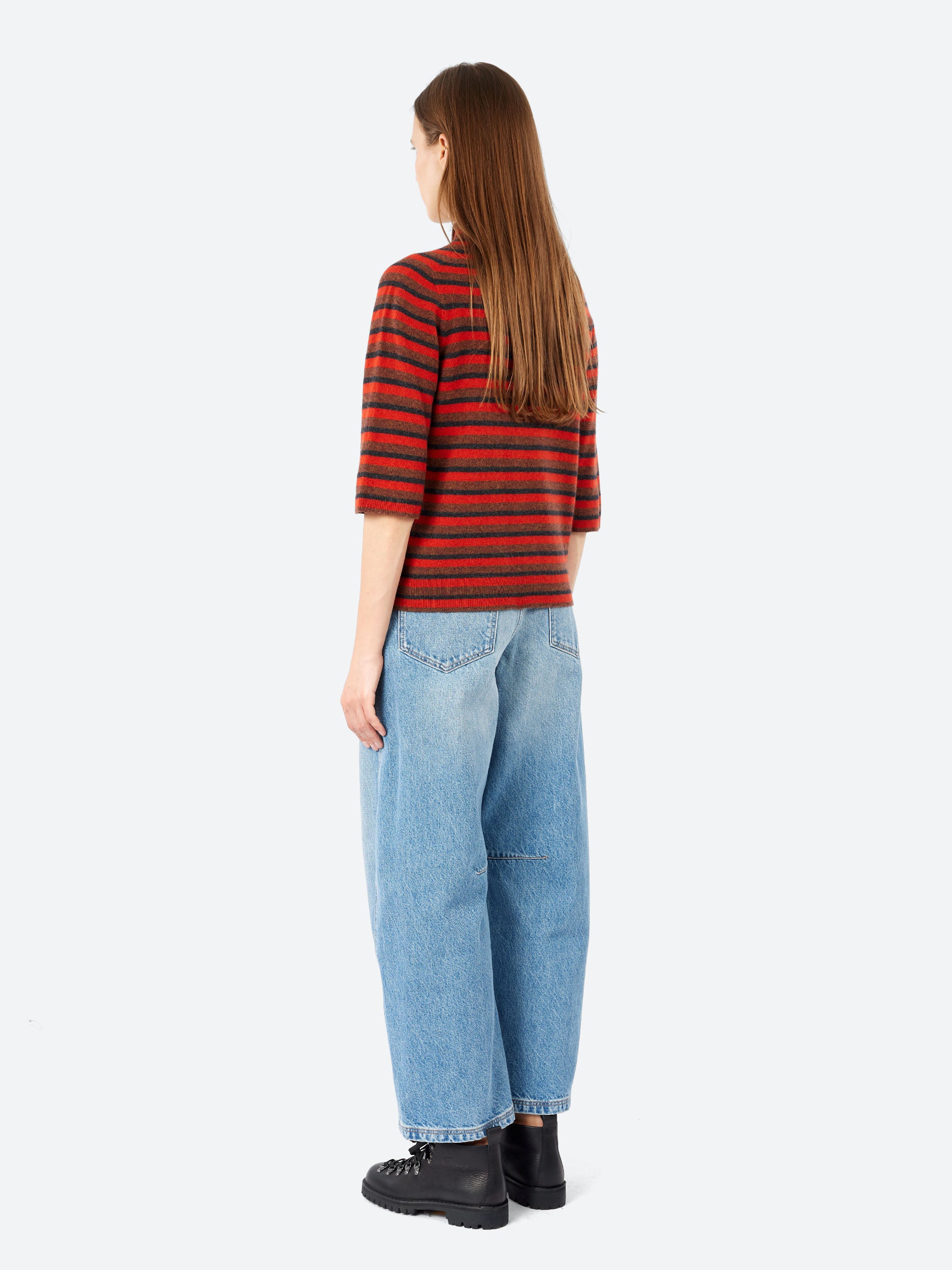 Stripe Wool Cashmere Half Sleeve Sweater