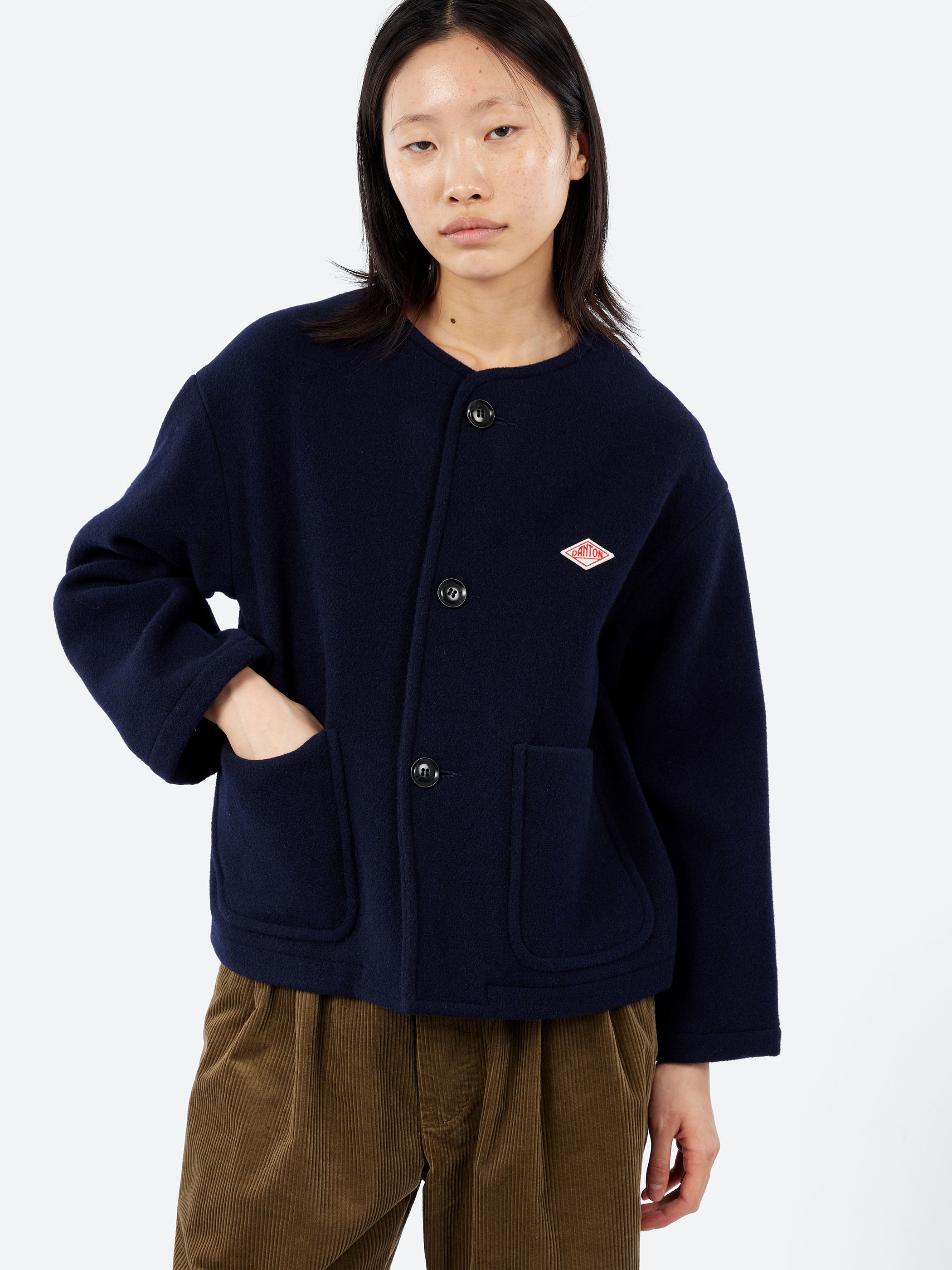 かみさん【DANTON】WOOL MOSSER jacket Danton - Women's Wool Light Pile Collarless Jacket in Navy