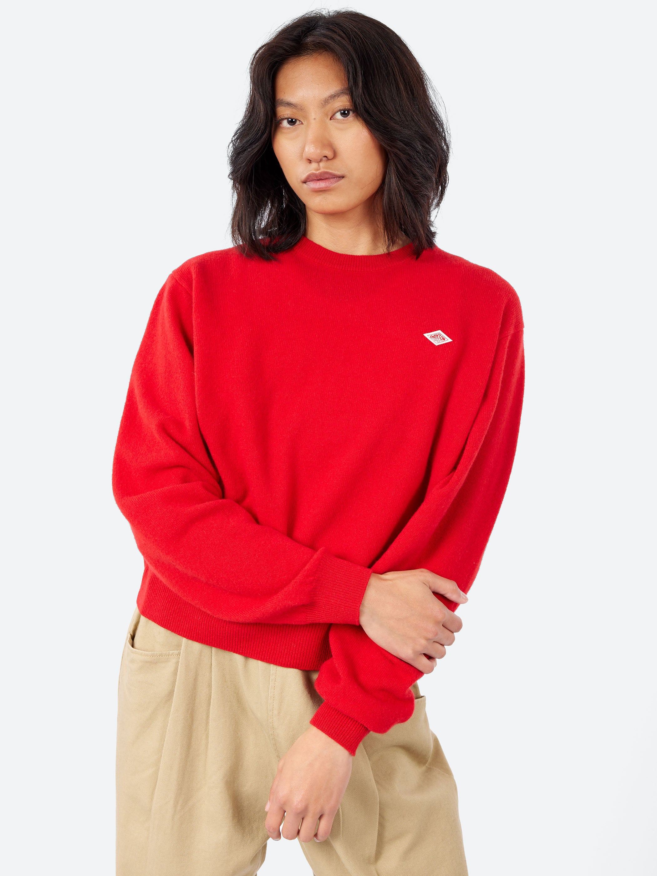 ダントン CREW NECK KNIT PULLOVER  ニット 42 レッド Danton - Women's Lambswool Crew Neck Knit Pullover in Red