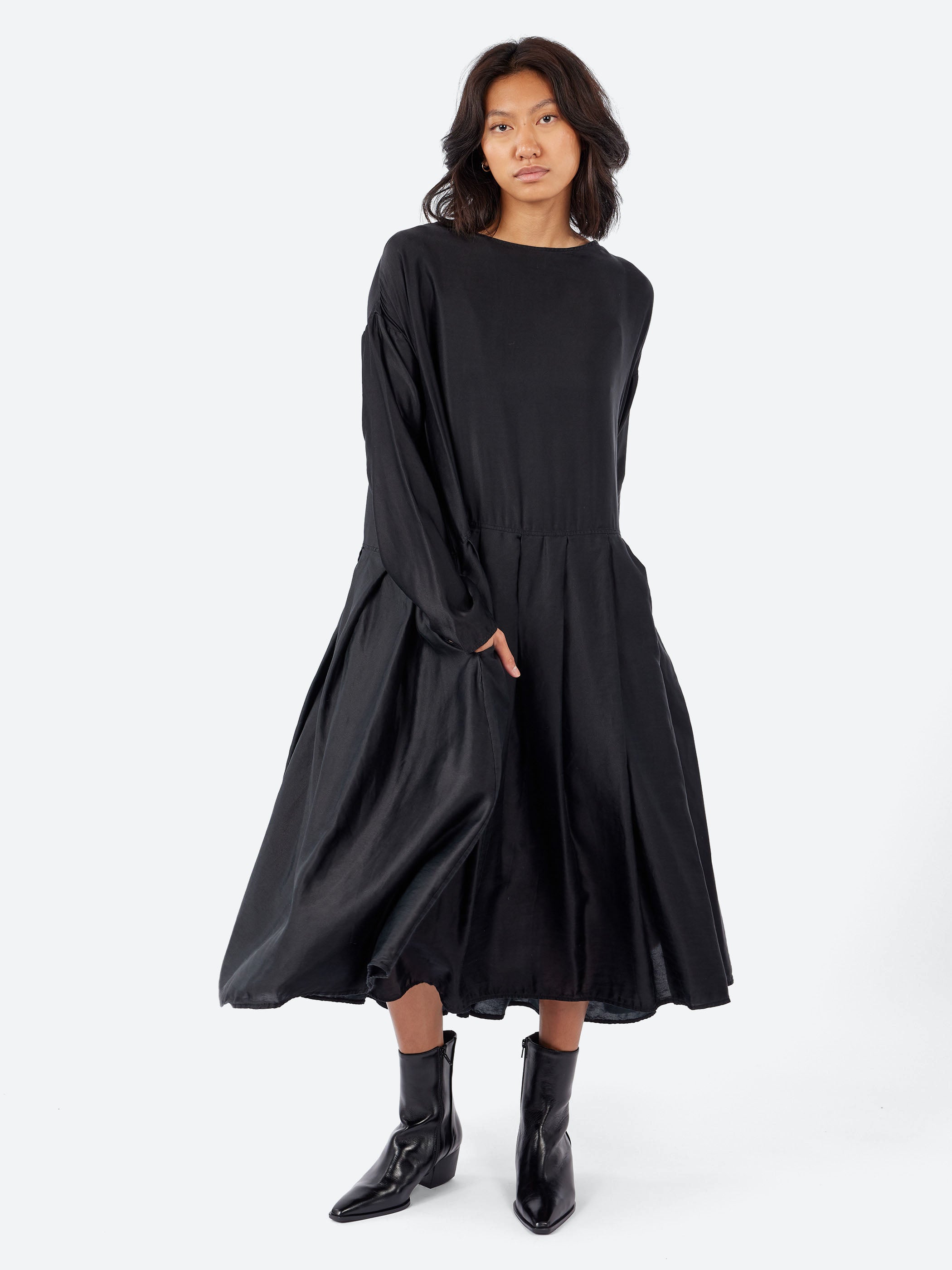 Pleated Boatneck Dress