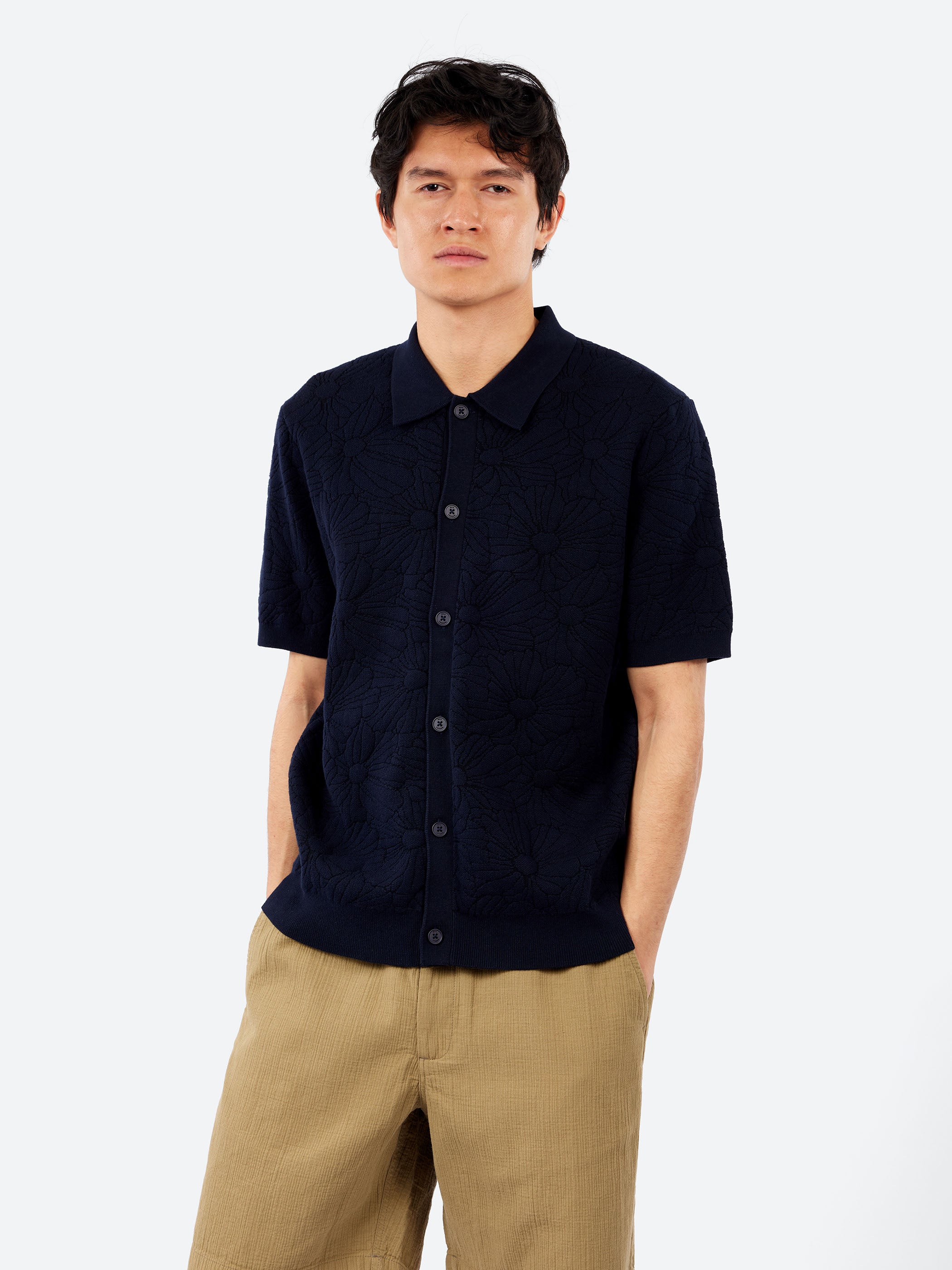 Wax London - Tellaro Flower Jacquard Shirt in Navy and Black