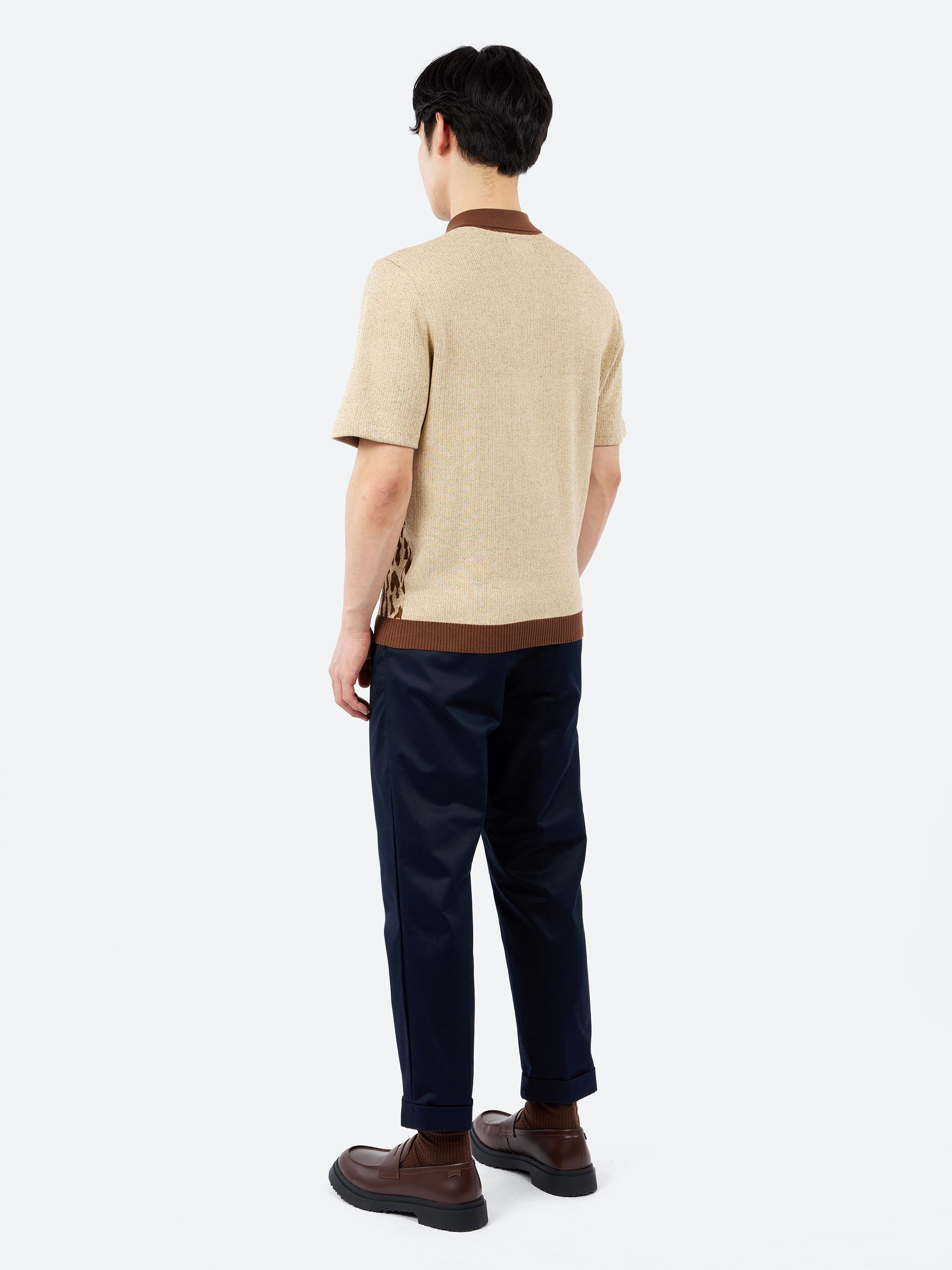 BEAMS PLUS - Half Zip Knit Polo Animal Jacquard in Giraffe