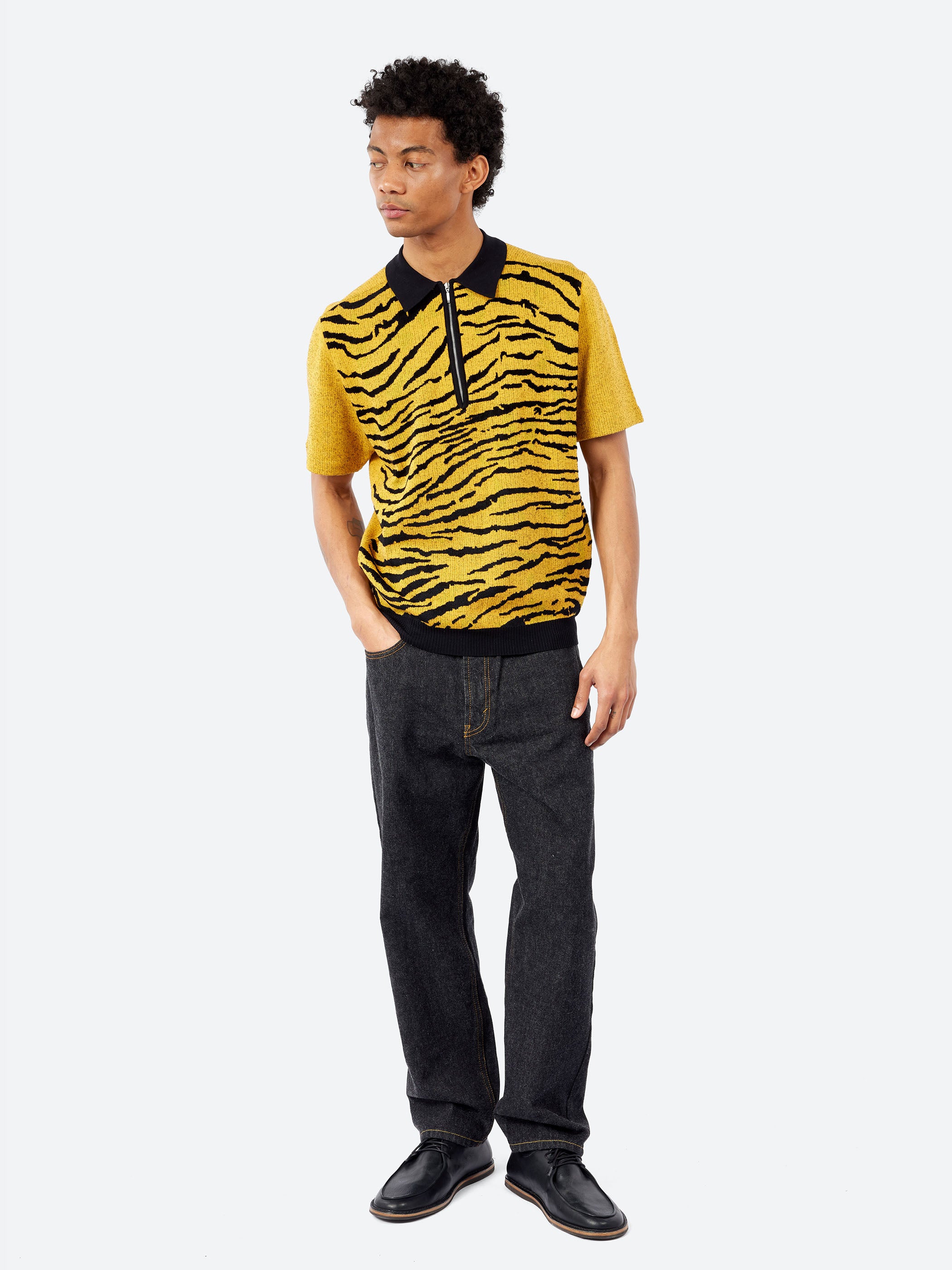 BEAMS PLUS - Half Zip Knit Polo Animal Jacquard in Tiger – gravitypope BEAMS PLUS - Half Zip Knit Polo Animal Jacquard in Tiger – gravitypope
