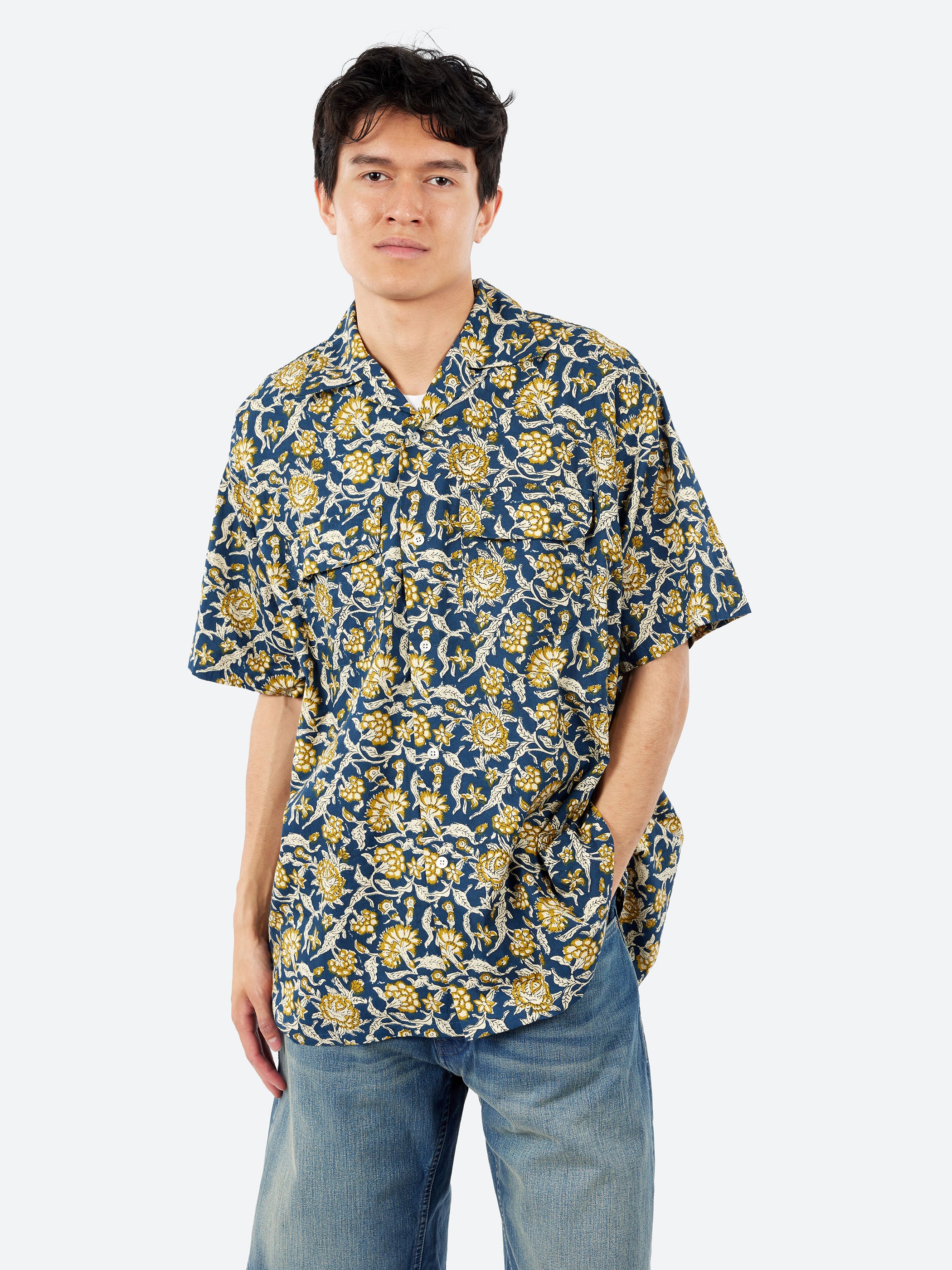 Open Collar Block Print Shirt