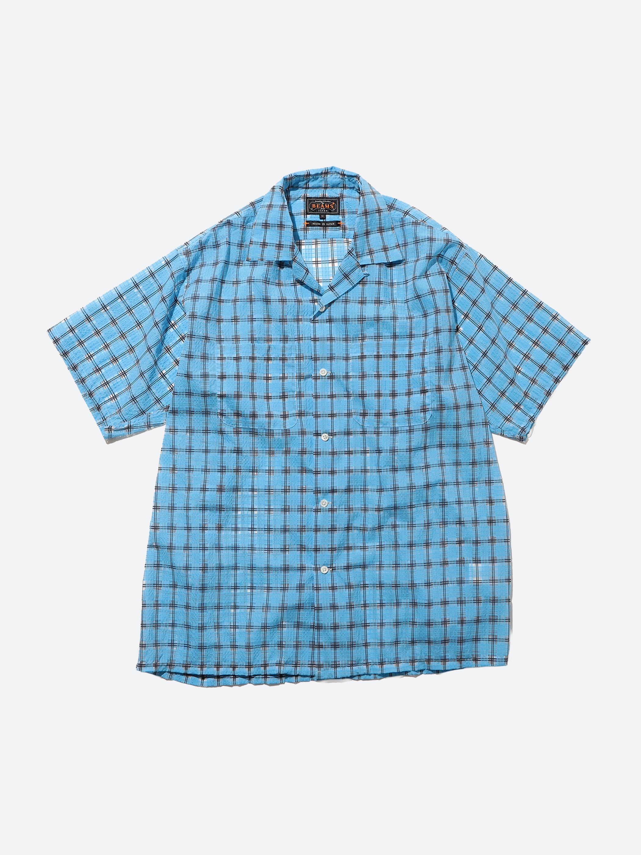 BEAMS PLUS - Open Collar Nylon Airy Plaid Shirt in Sax Blue