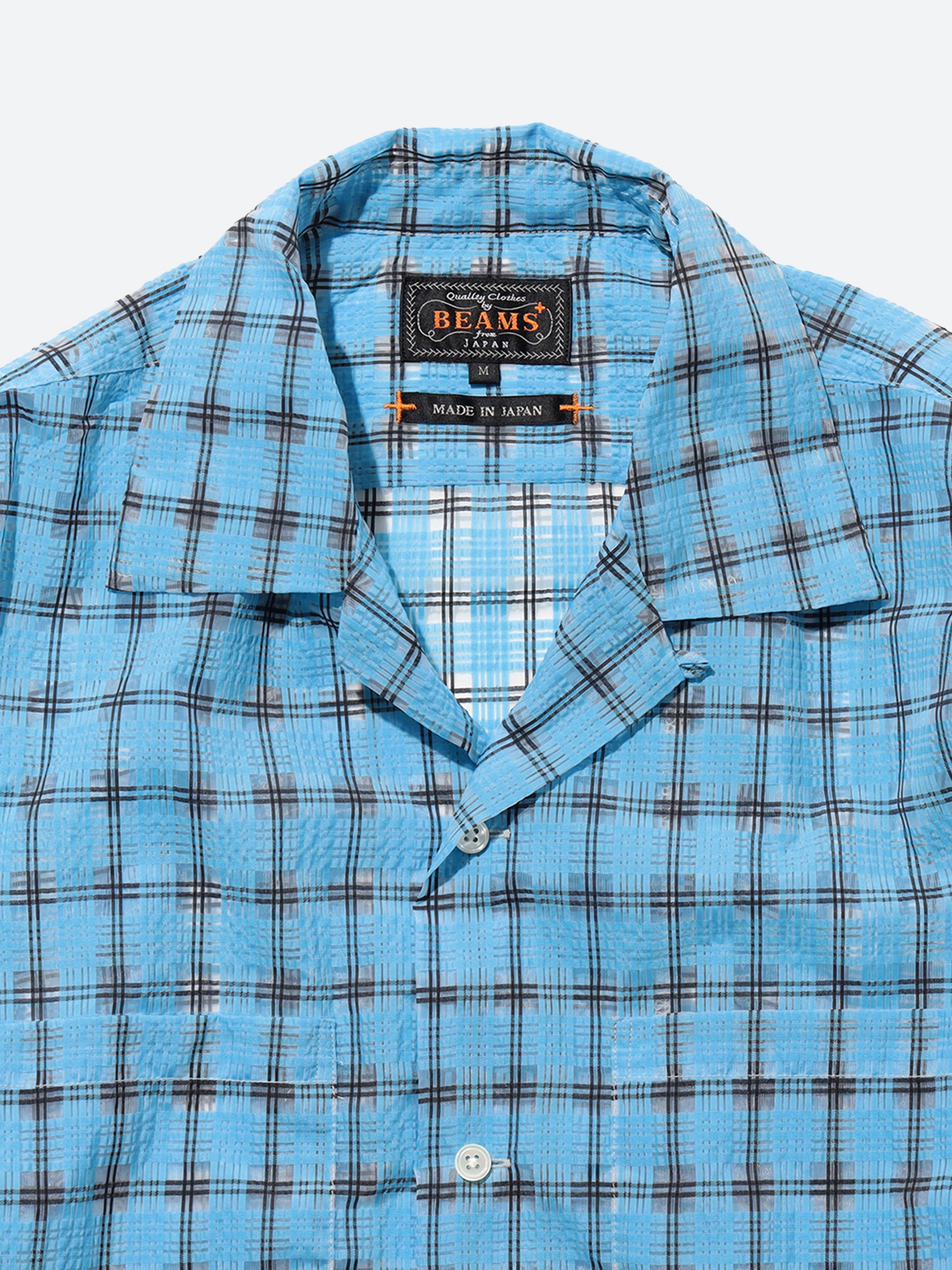 BEAMS PLUS - Open Collar Nylon Airy Plaid Shirt in Sax Blue