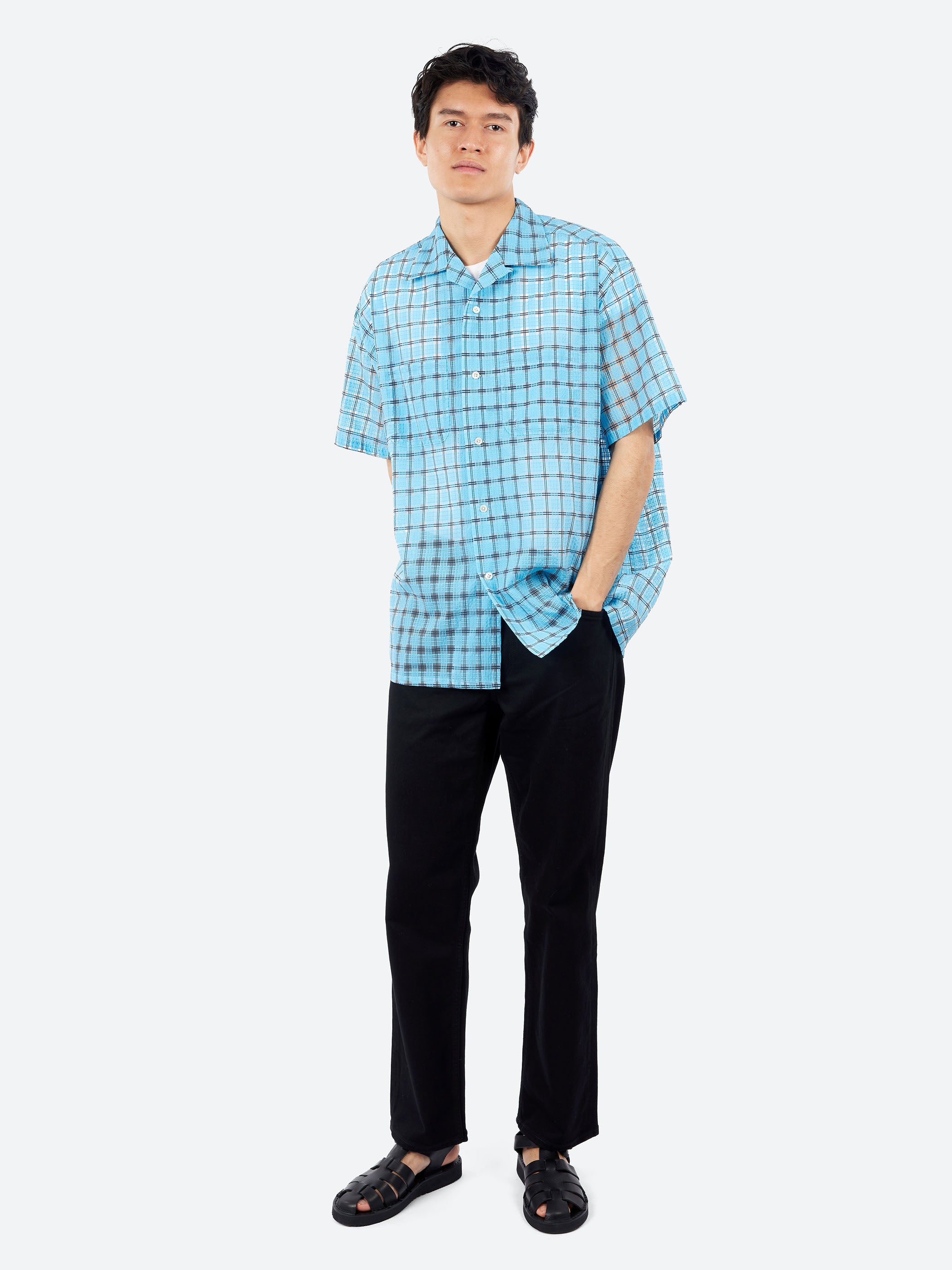 Open Collar Nylon Airy Plaid Shirt