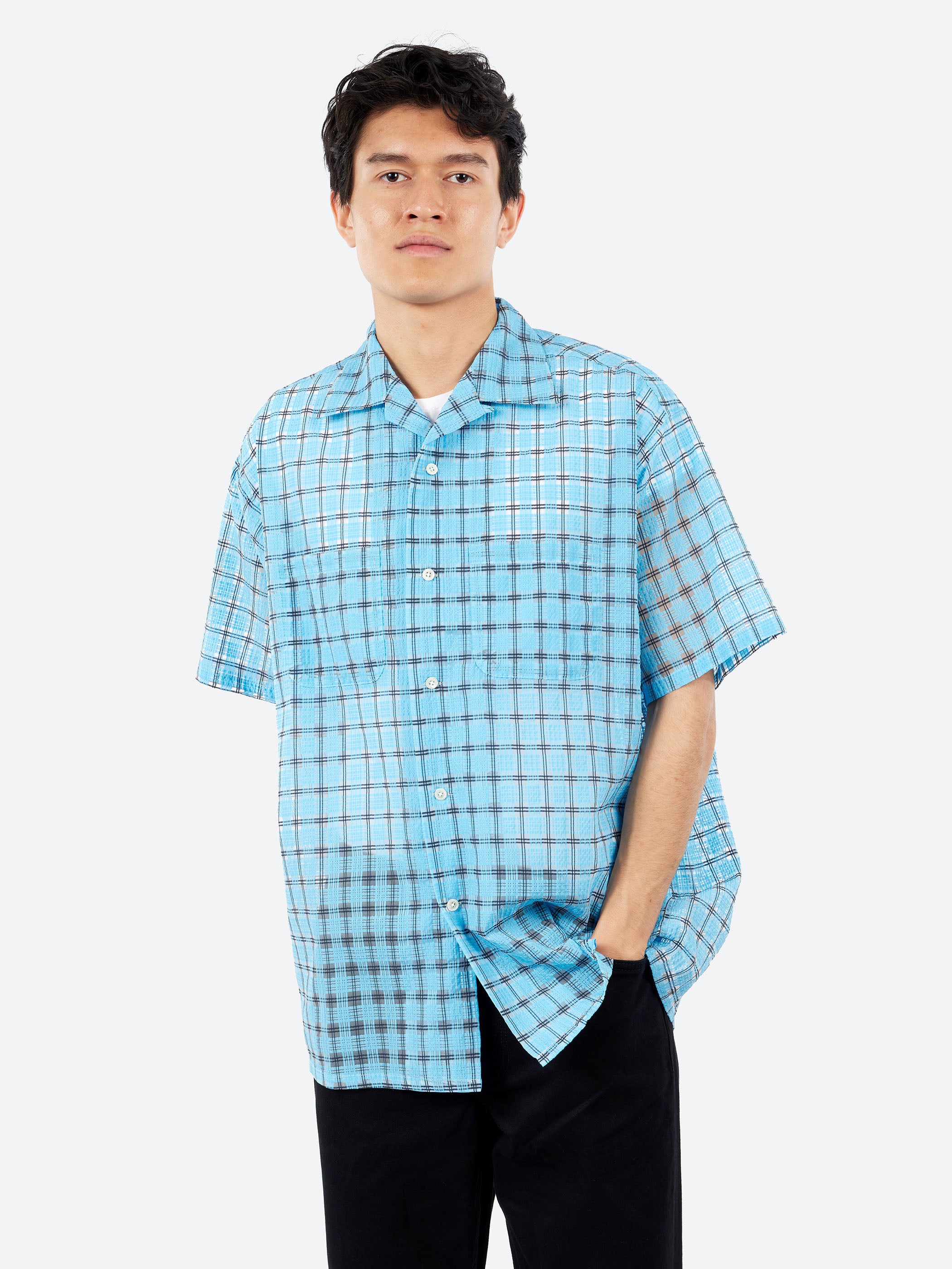Open Collar Nylon Airy Plaid Shirt
