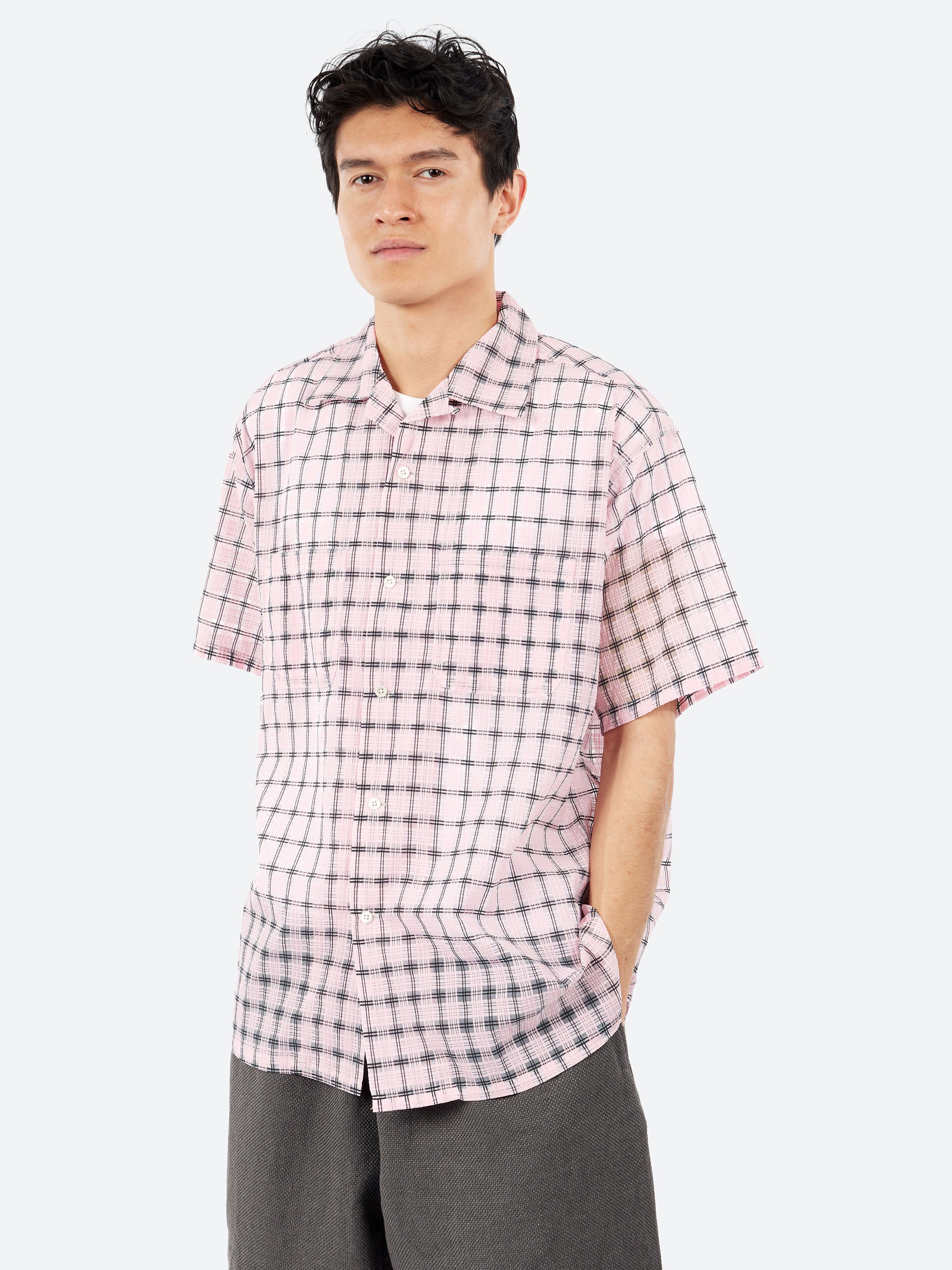 Open Collar Nylon Airy Plaid Shirt