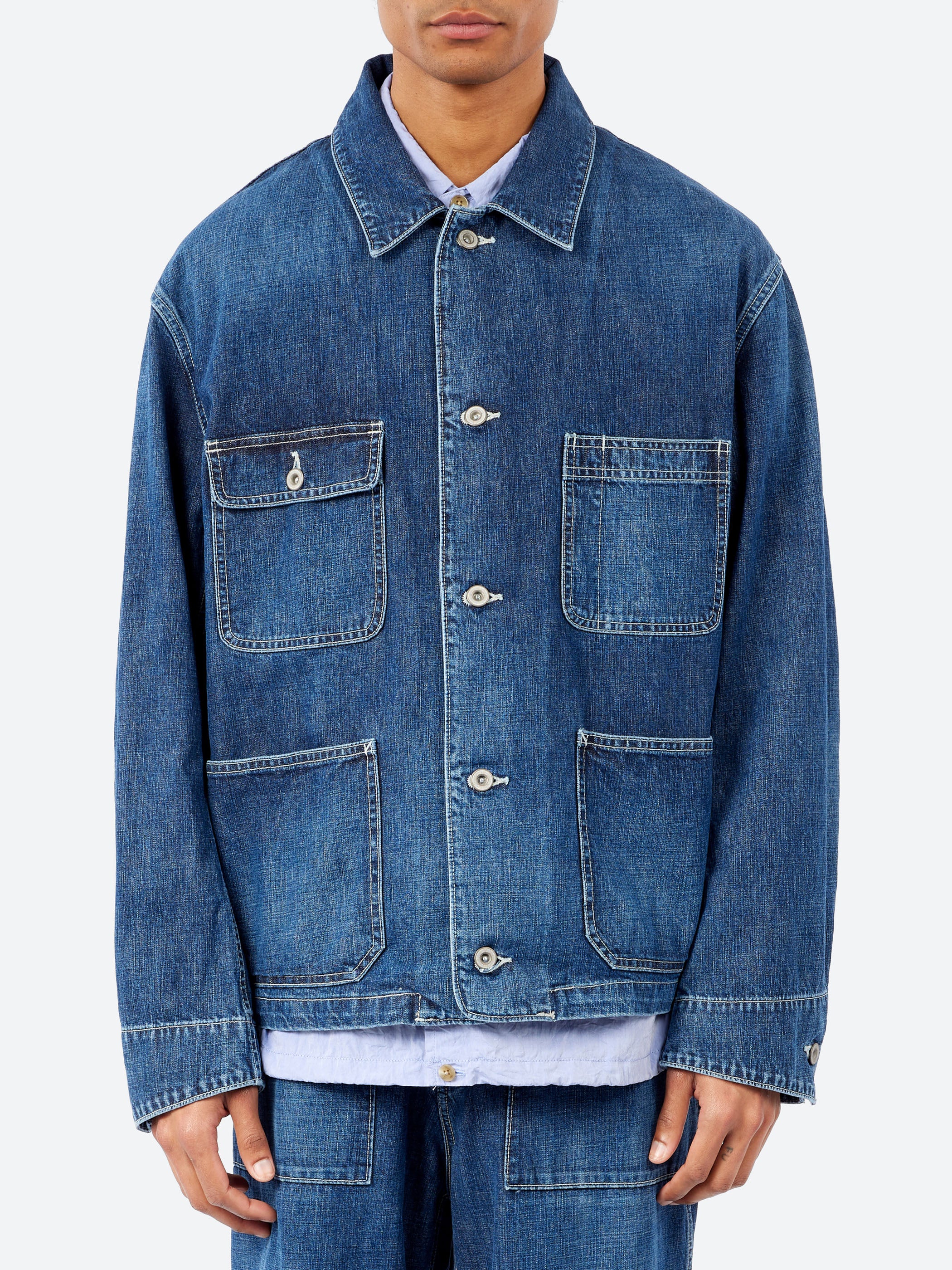 Sage de Cret - 11 oz Denim Short Coverall Jacket in Navy – gravitypope Sage de Cret - 11 oz Denim Short Coverall Jacket in Navy – gravitypope